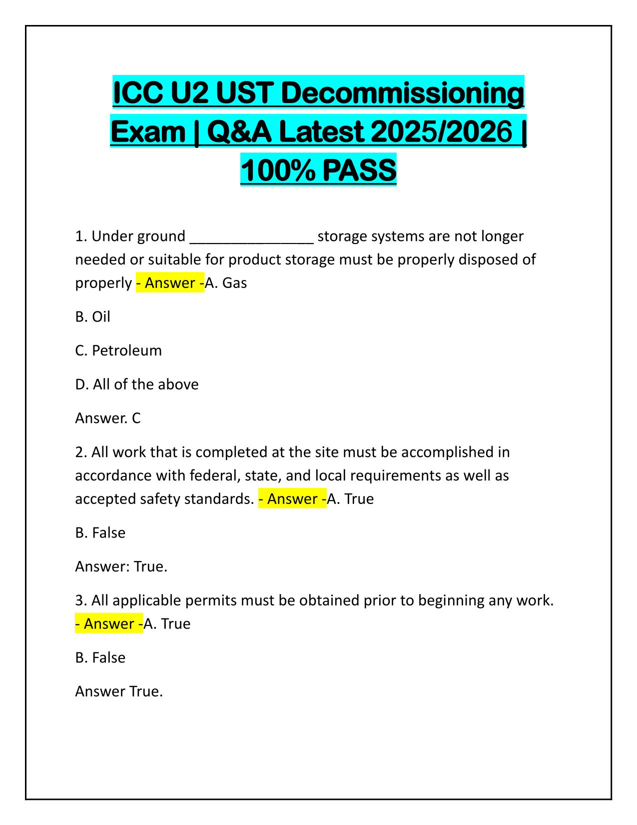 ICC U2 UST Decommissioning Exam Q&A Latest Update 100% PASS
