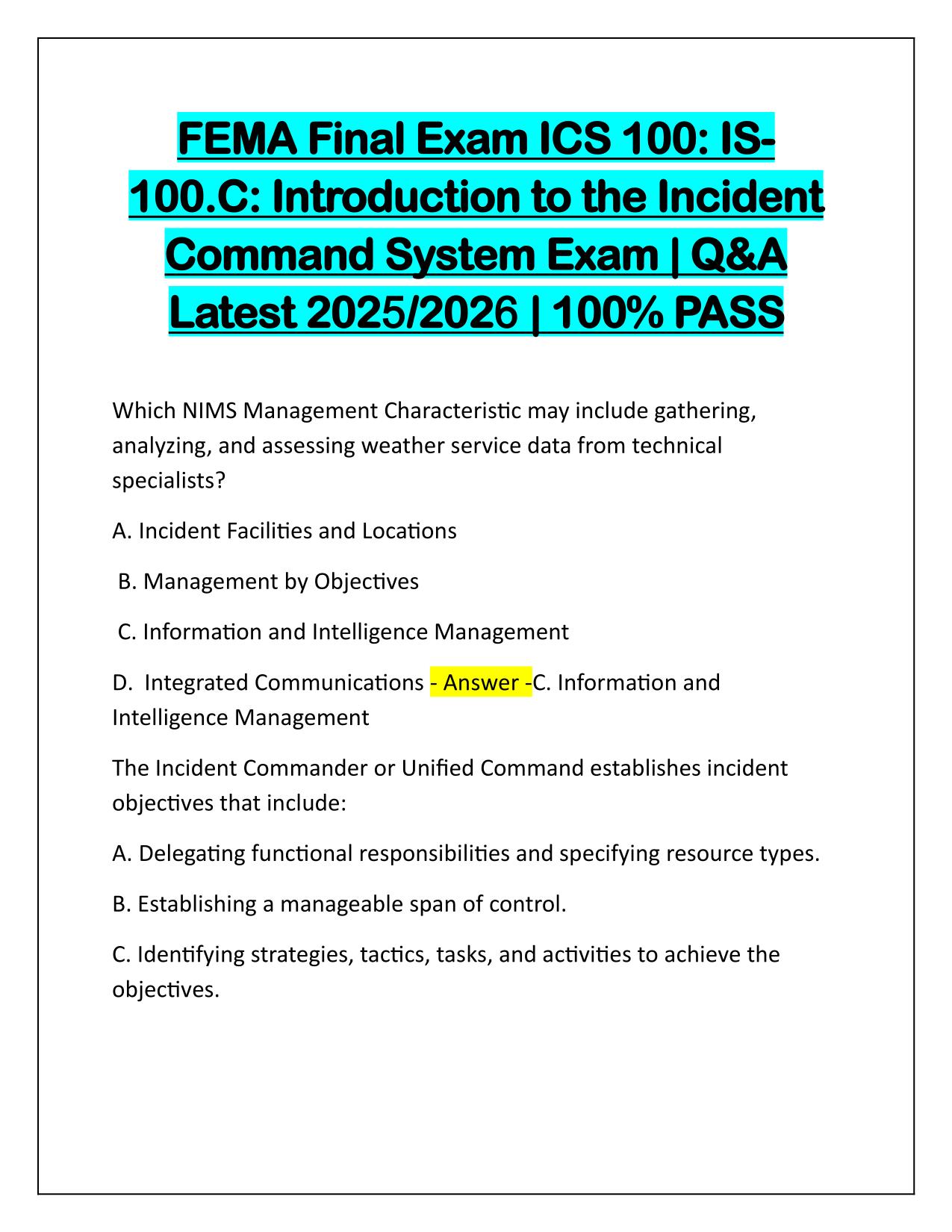 FEMA Final Exam ICS 100 IS-100.C Introduction to the Incident Command System Exam Q&A Latest 2025-2026 Update