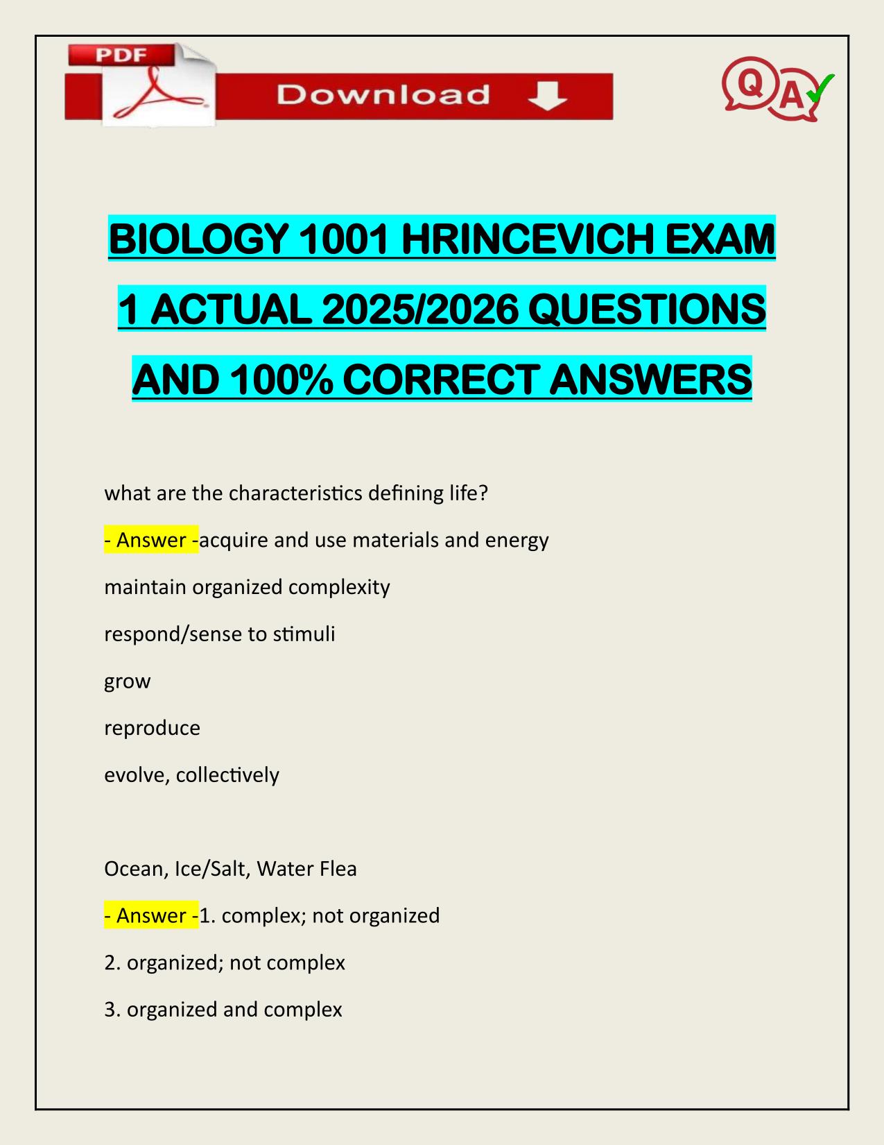 BIOLOGY 1001 HRINCEVICH EXAM 1 ACTUAL 2025/2026 CORRECTLY ANSWERED