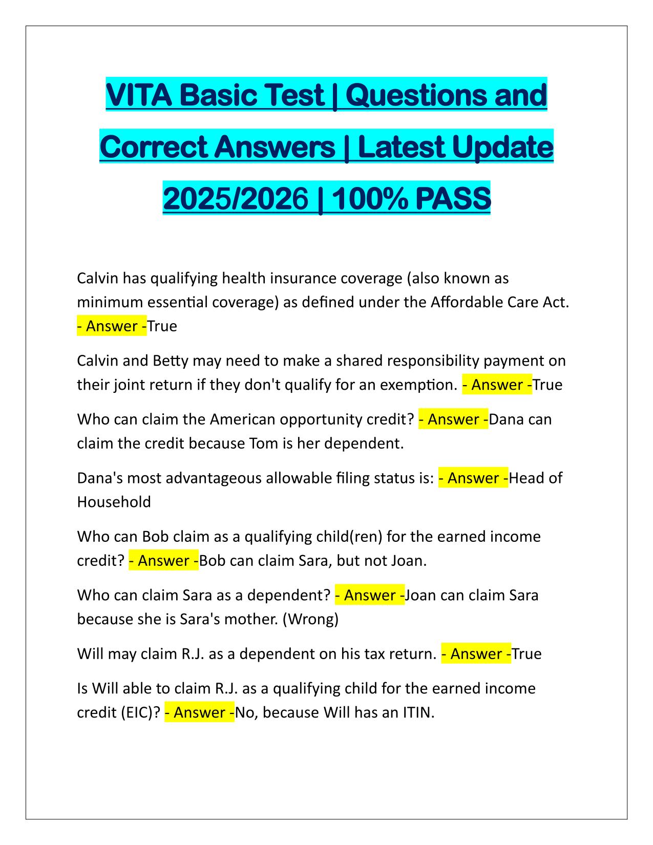 VITA Basic Test Questions and Answers 2025-2026