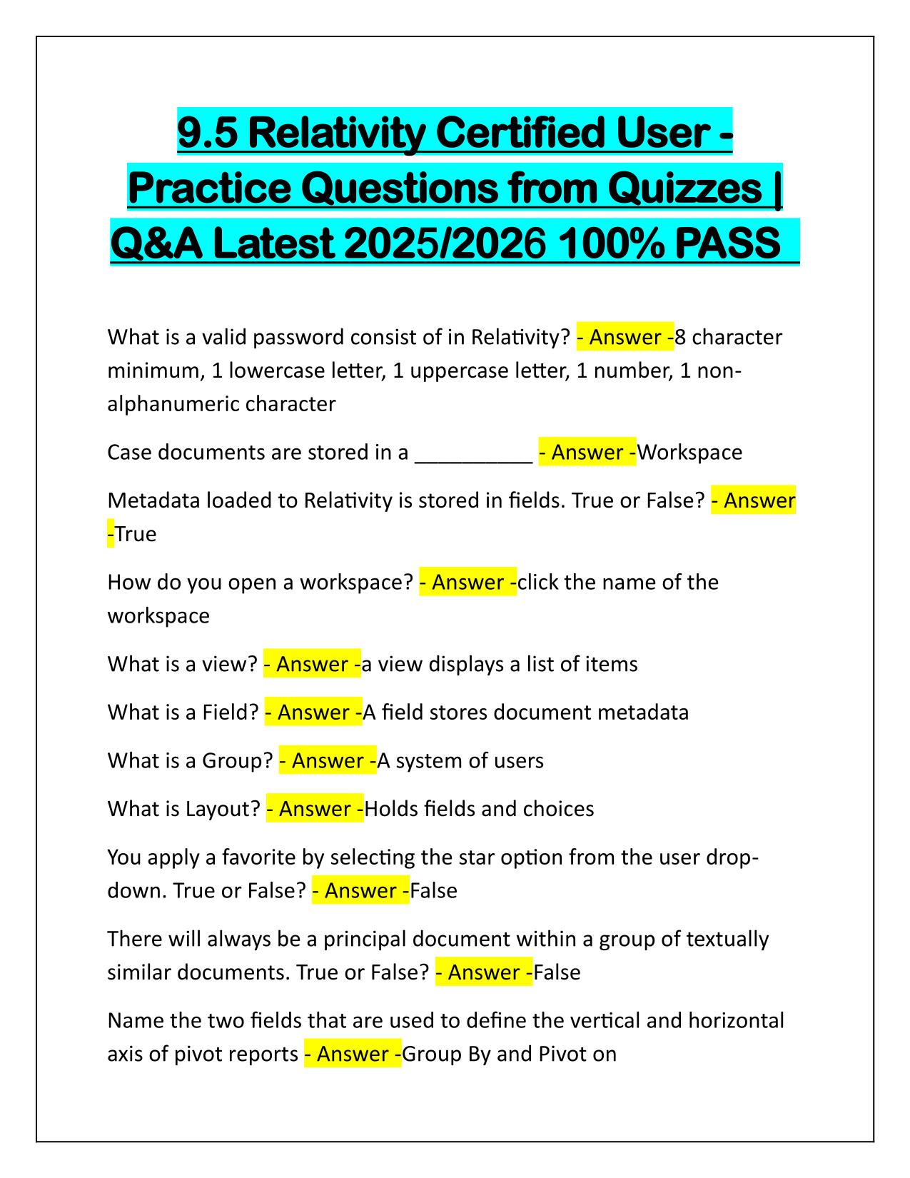 9.5 Relativity Certified User-Practice Questions and Answers from Quizzes 