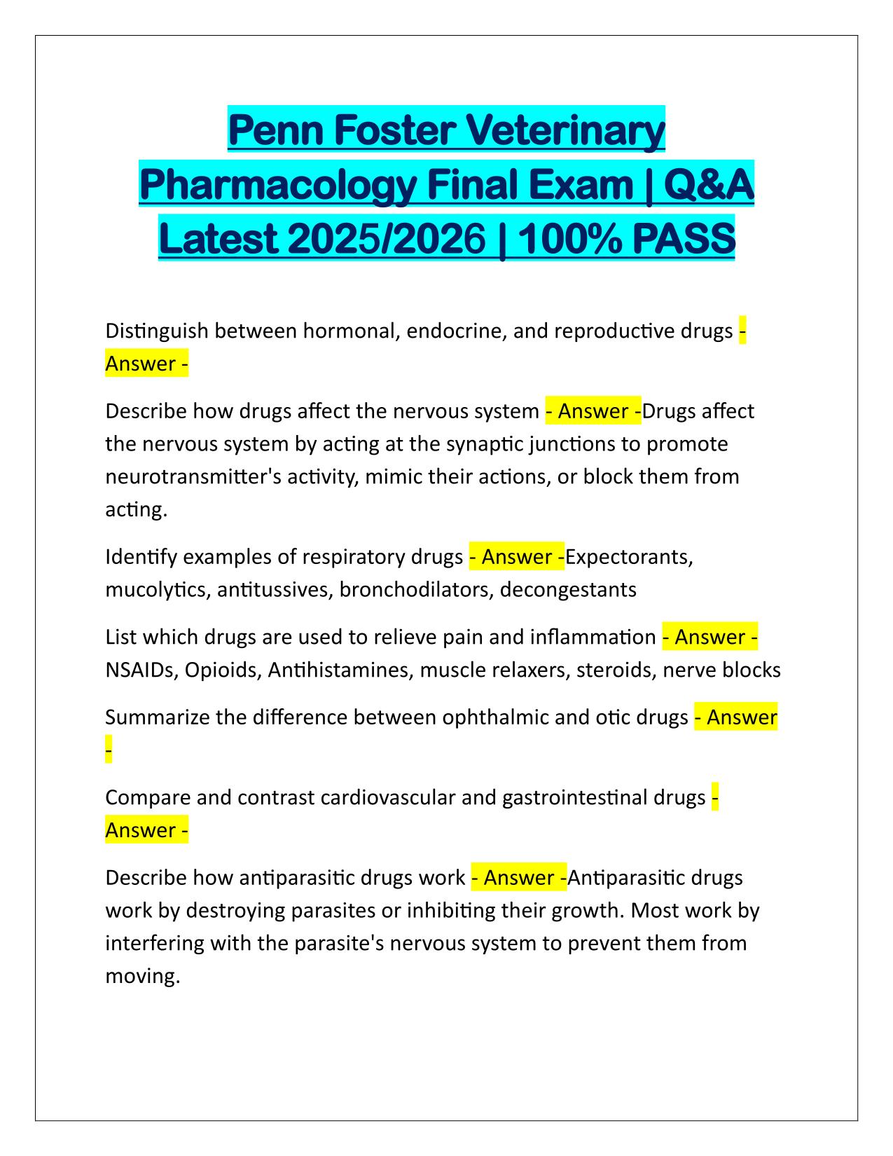 Penn Foster Veterinary Pharmacology Final Exam Q&A Latest Update 2025-2026