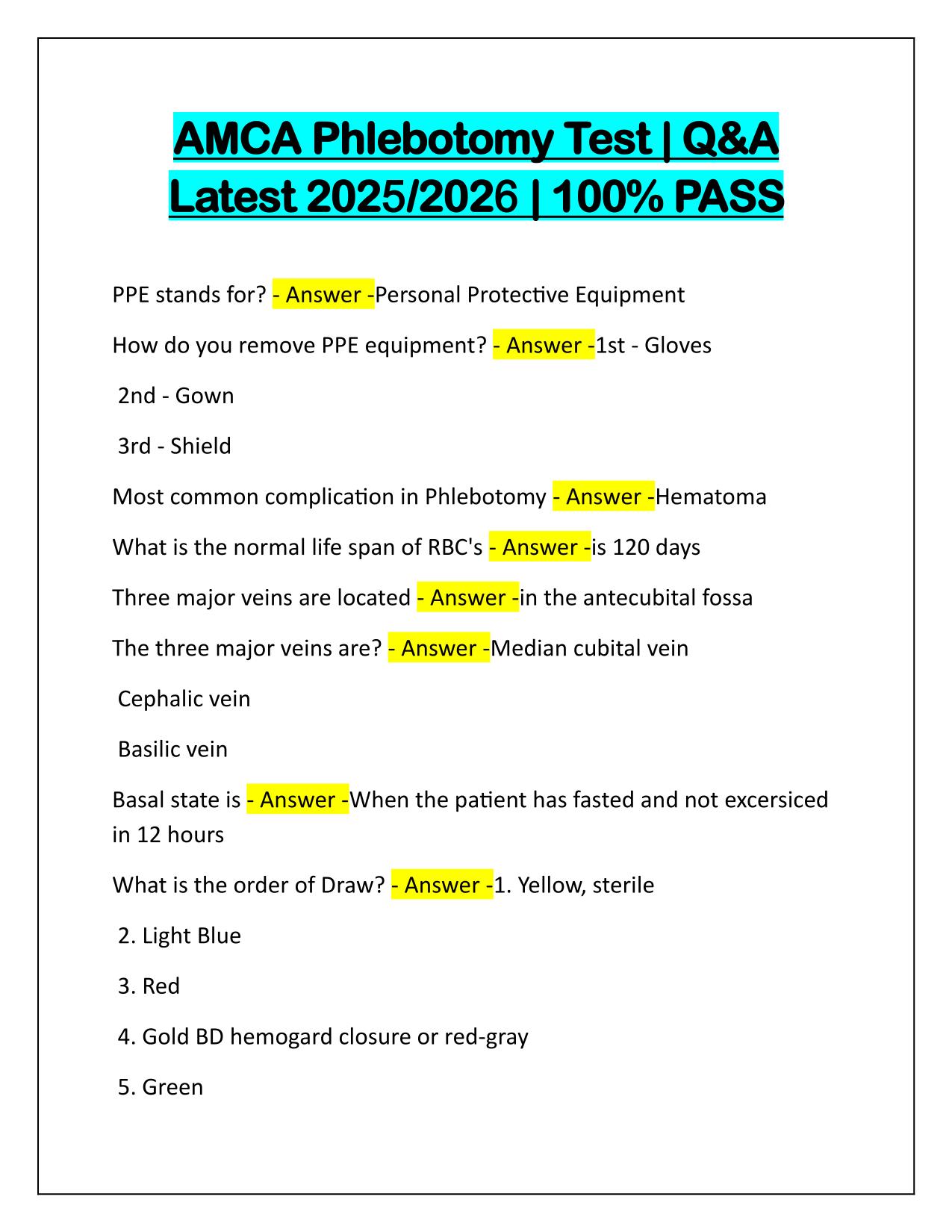 Package Deal for AMCA Phlebotomy Exams Q&A Latest Update 2025-2026