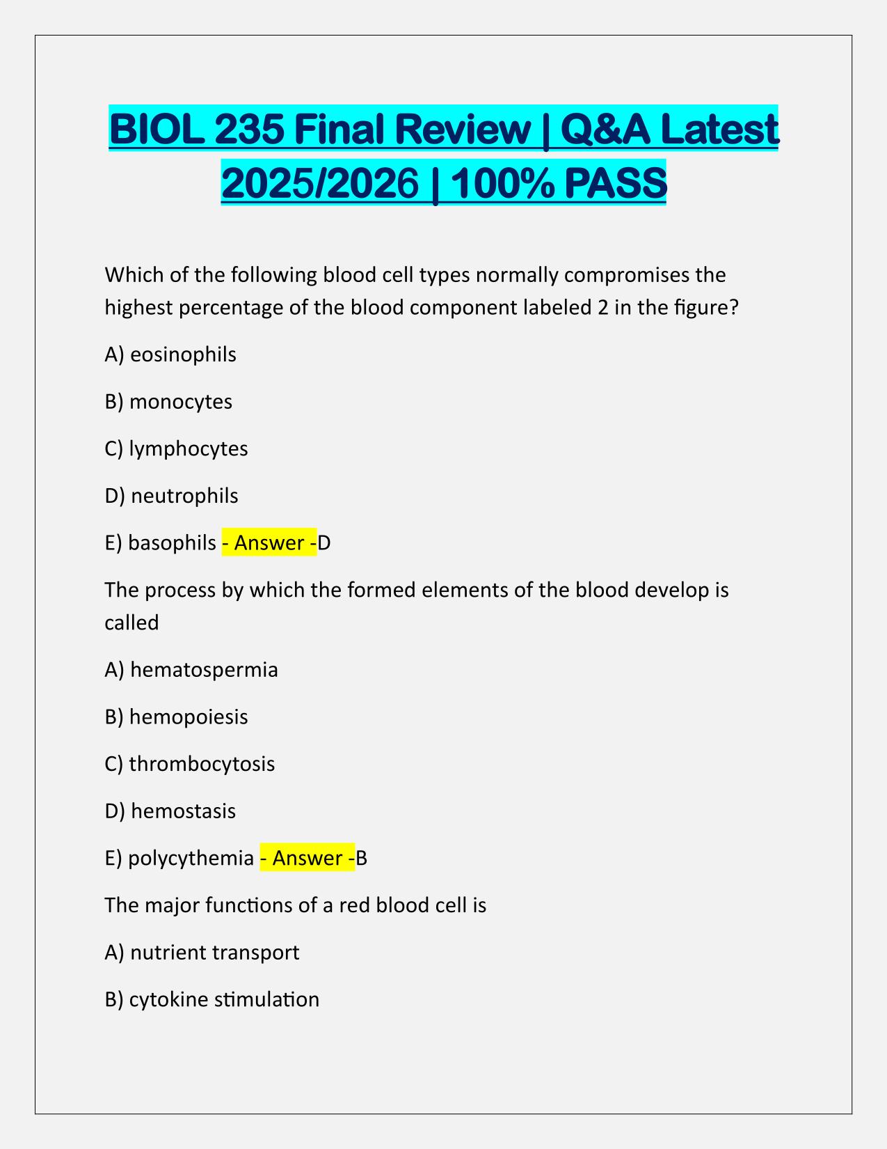 BIOL 235 Final Review Correctly Answered Latest Update