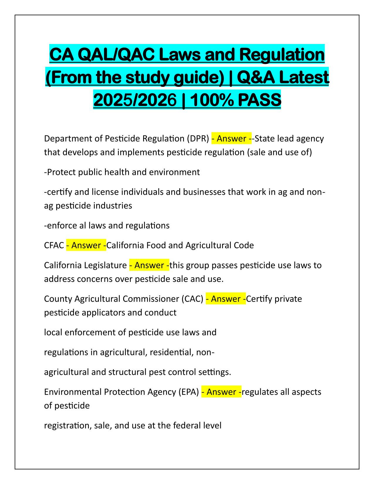 CA QAL-QAC Laws and Regulation (From the study guide) Q&A Latest Update 2025