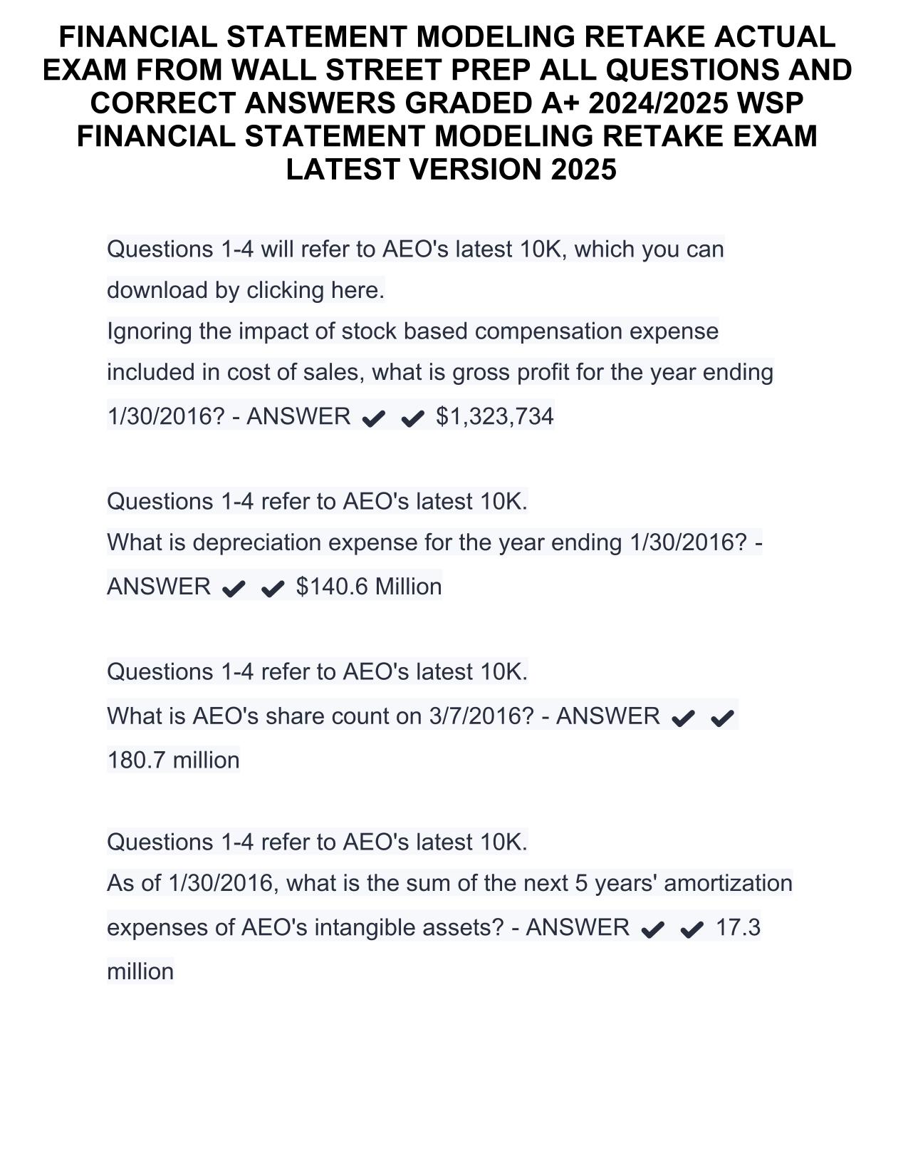 2025 FINANCIAL STATEMENT MODELING RETAKE ACTUAL EXAM FROM WALL STREET PREP Q&As
