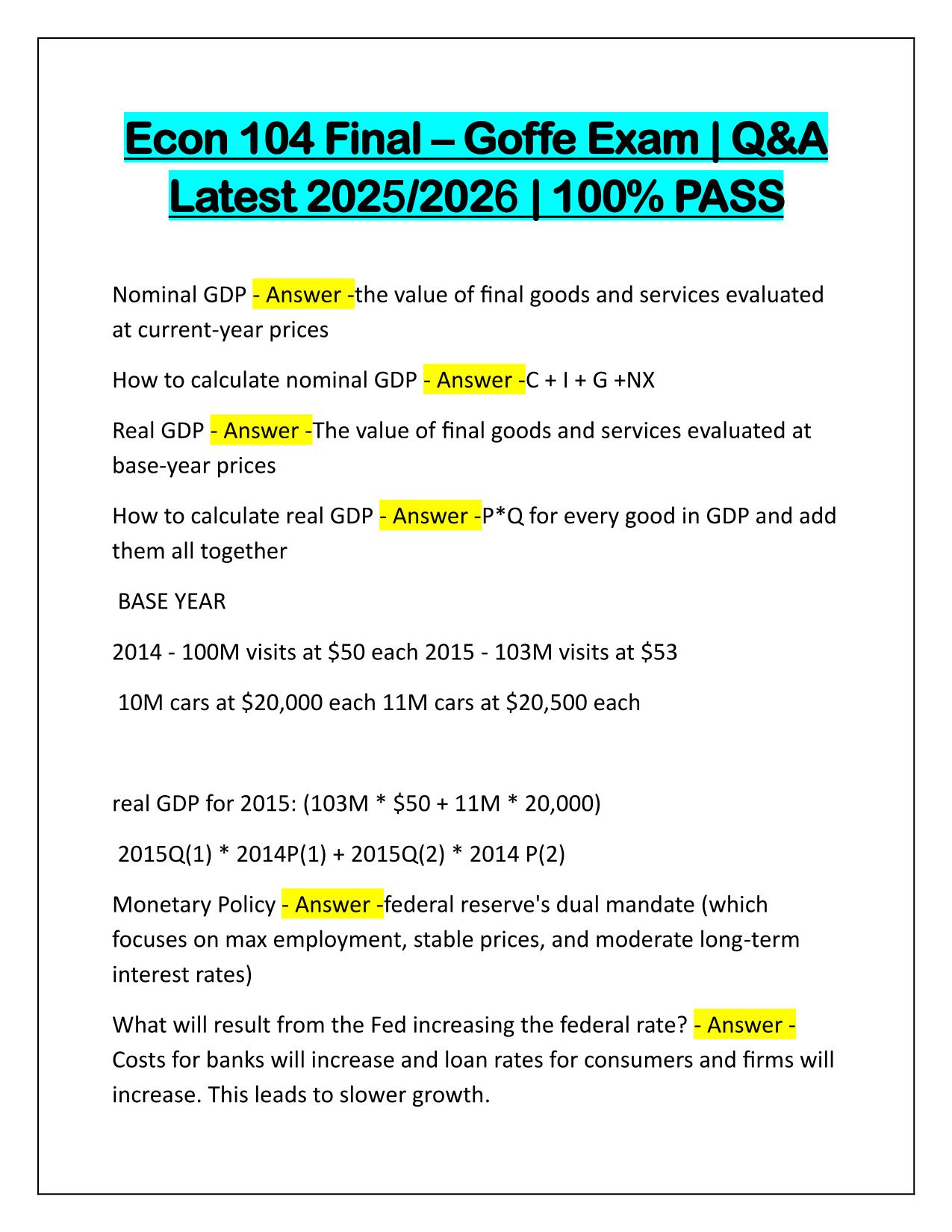 Econ 104 Final Goffe Exam Q&A Latest Update 2025