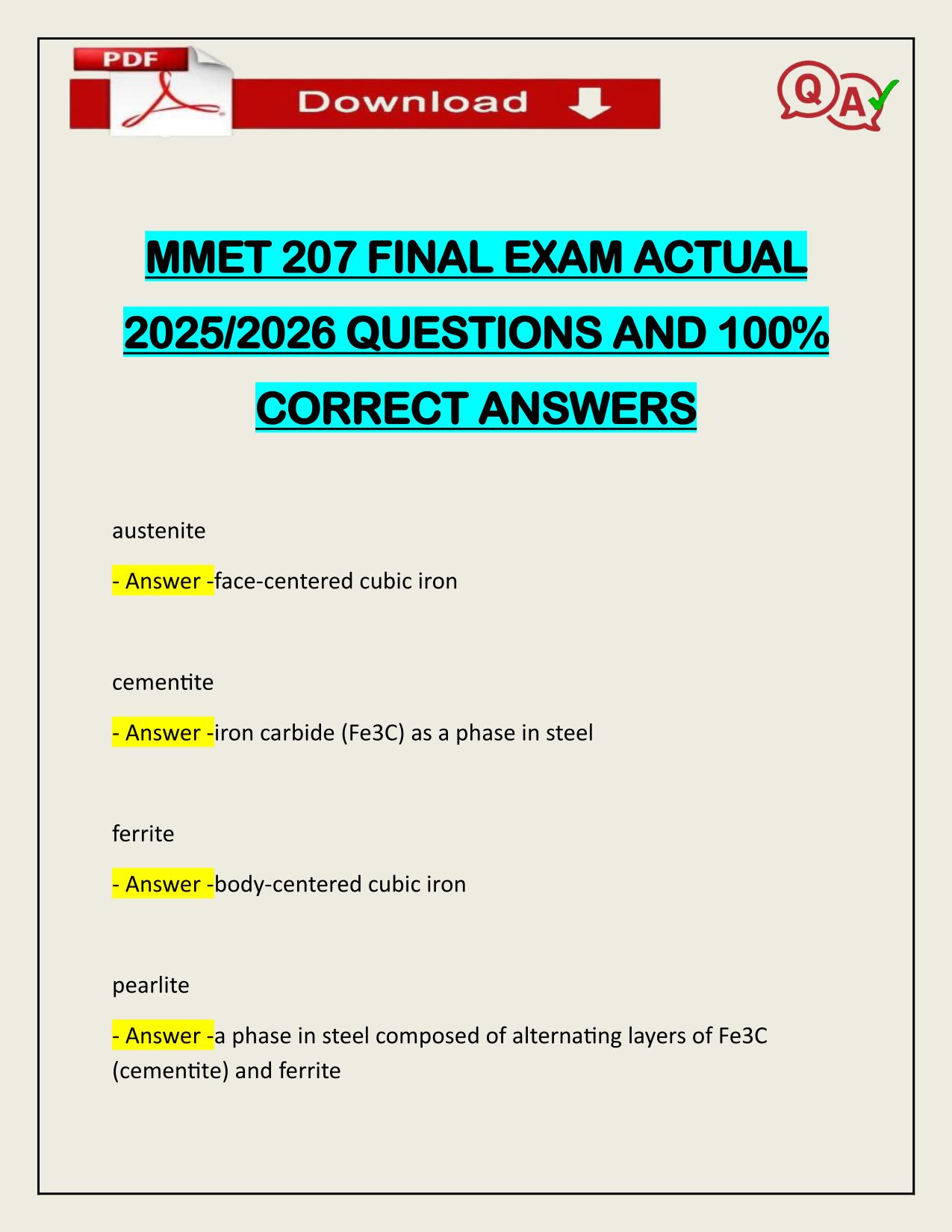 MMET 207 FINAL EXAM ACTUAL 2025/2026 VERIFIED UPDATE