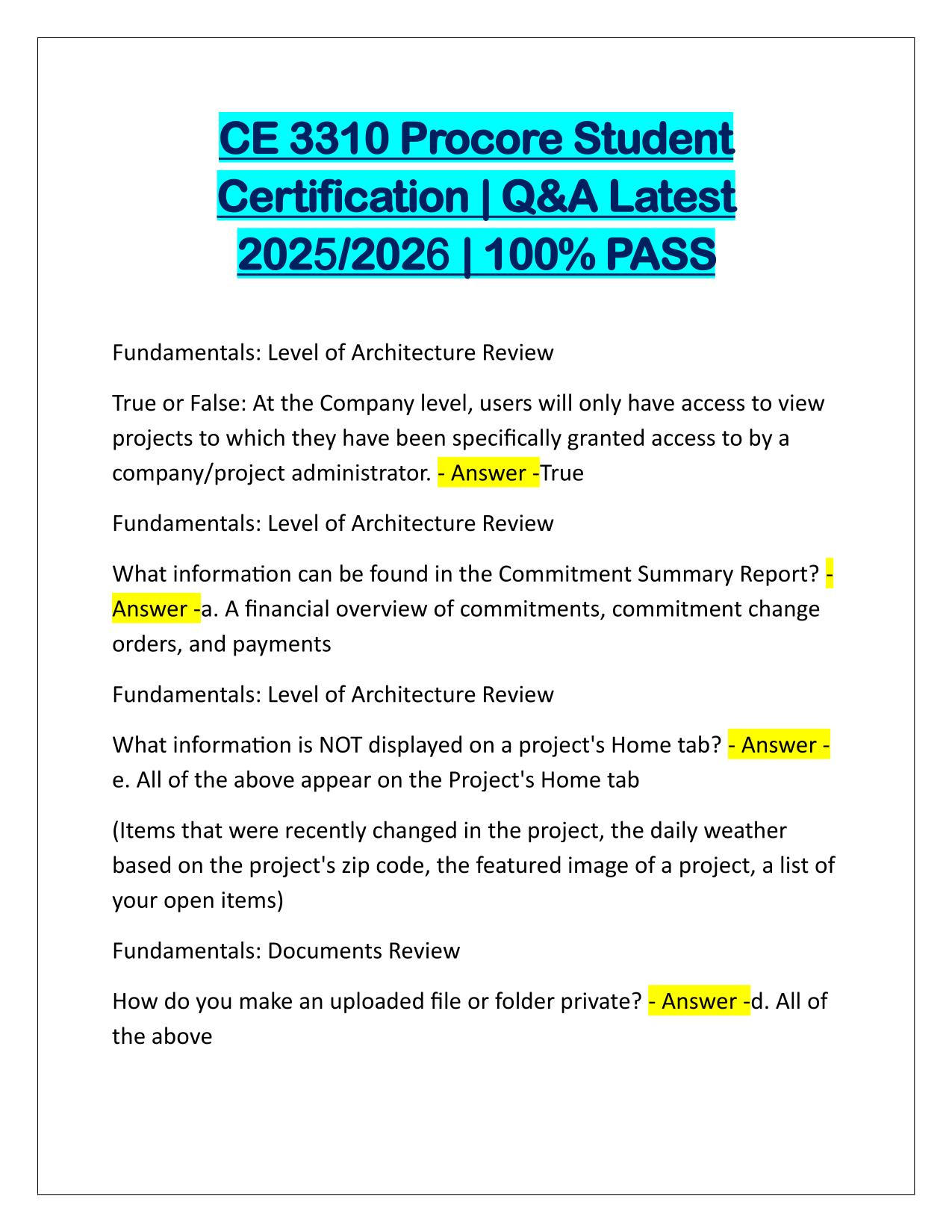 CE 3310 Procore Student Certification Q&A Latest Update