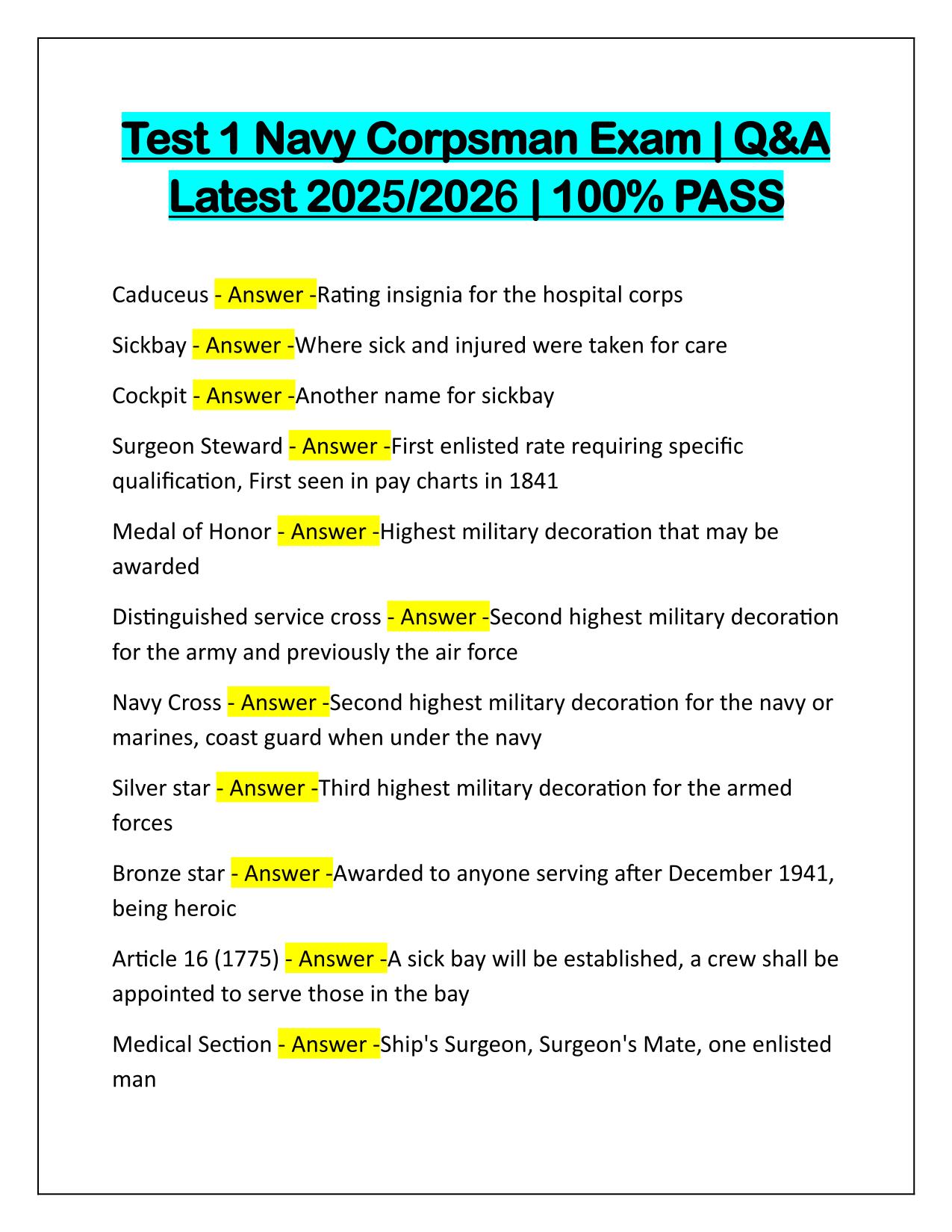 Test 1 Navy Corpsman Exam Q&A Latest Update 2025
