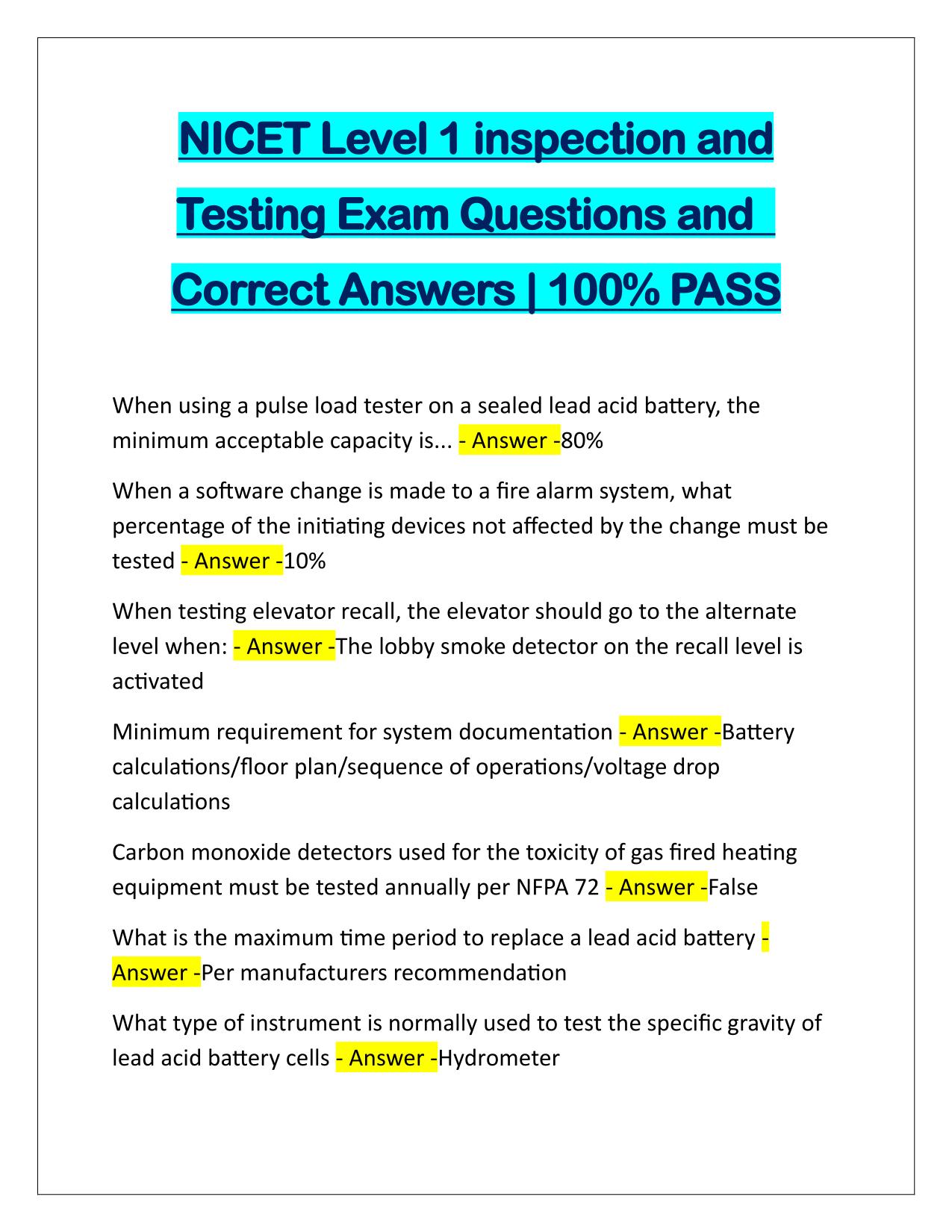 NICET Level 1 inspection and Testing Exam Questions and Answers