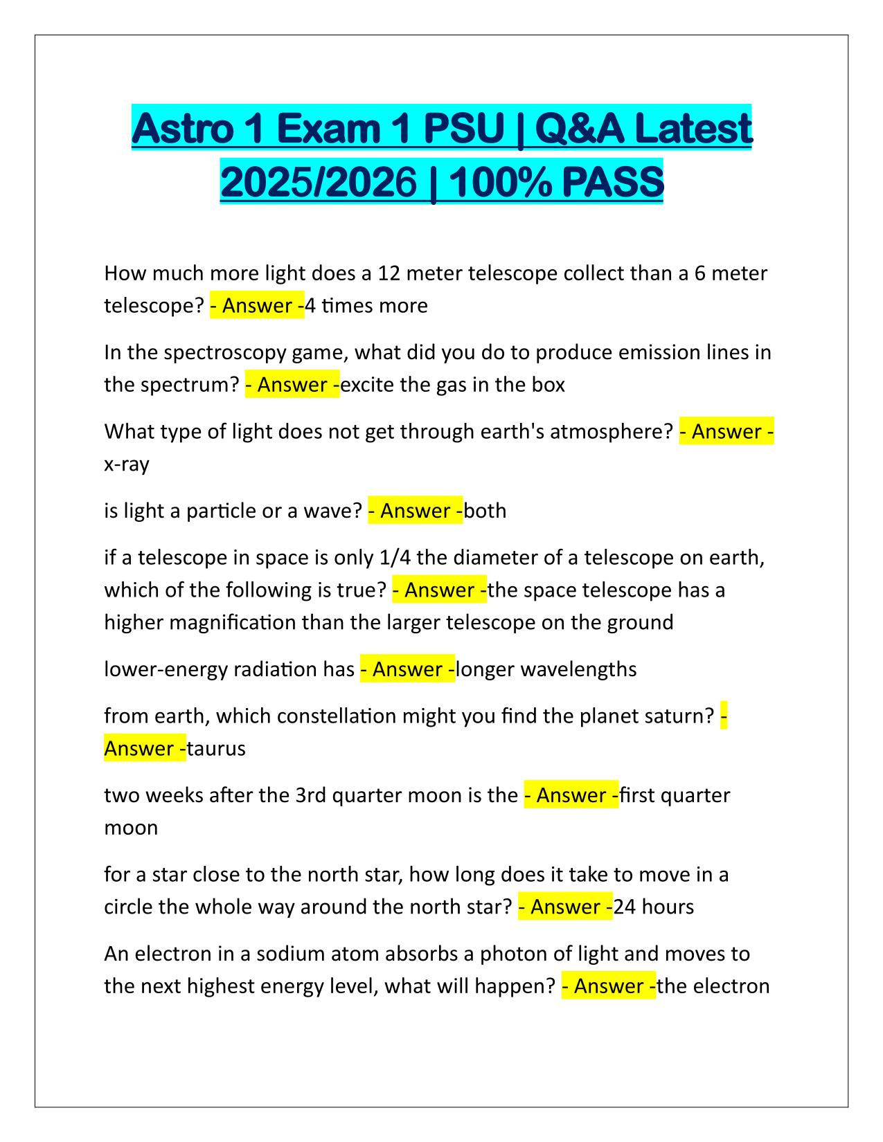 Astro 1 Exam 1 PSU Q&A Latest Update 2025