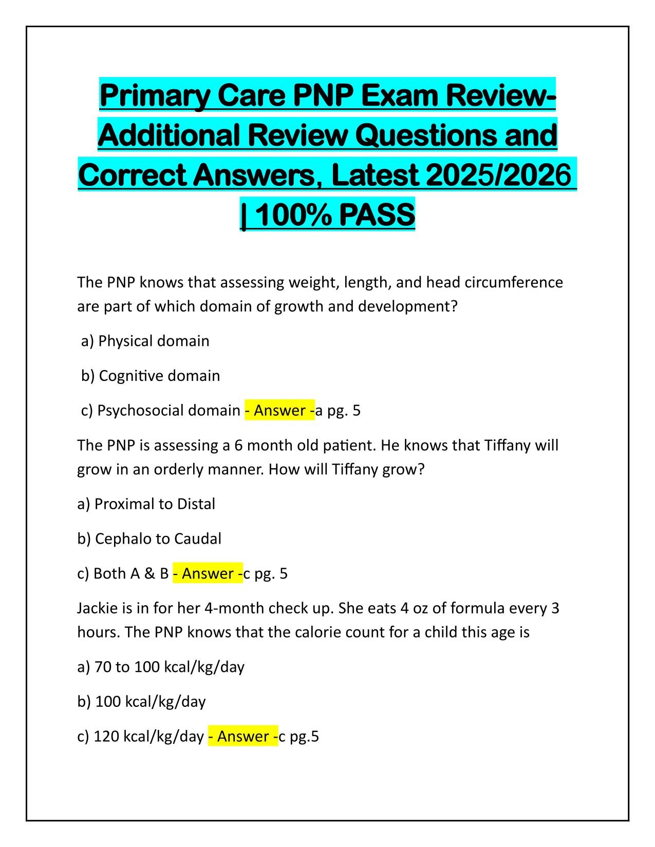 Primary Care PNP Exam Review Additional Review Questions and Correct Answers 2025