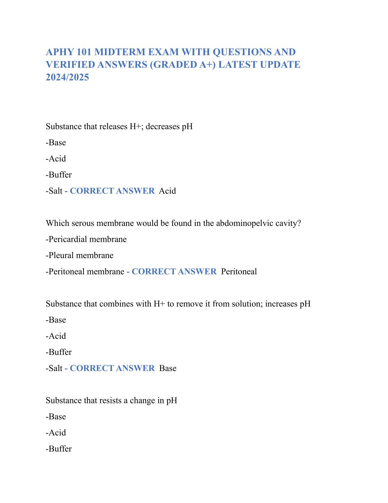 2025 APHY 101 MIDTERM EXAM WITH Q&A (GRADED A+) LATEST UPDATE