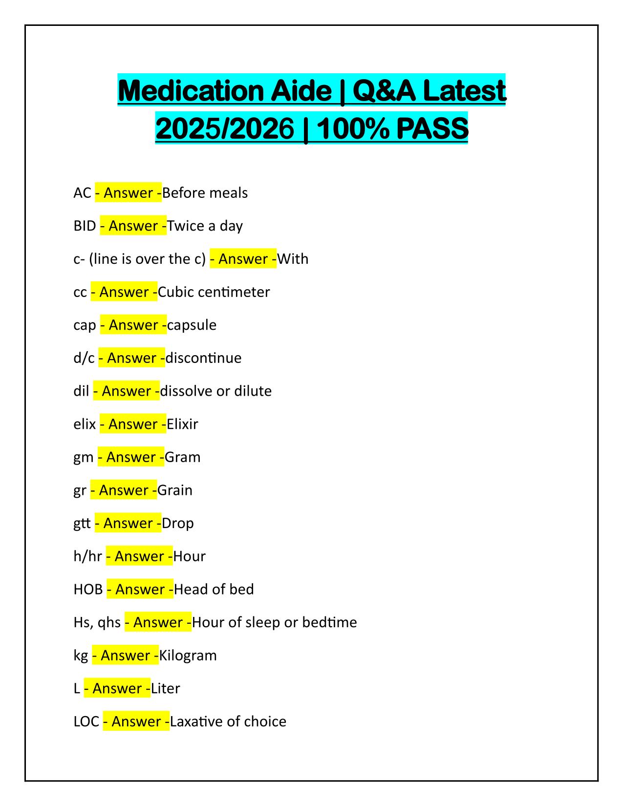Medication Aide Quiz with Correct Answers 2025