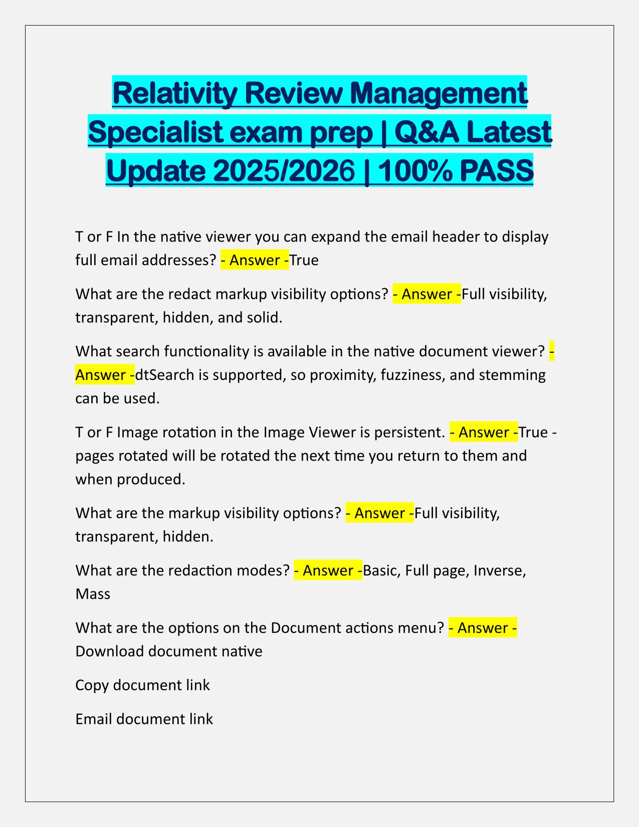 Relativity Review Management Specialist exam prep Q&A Latest Update
