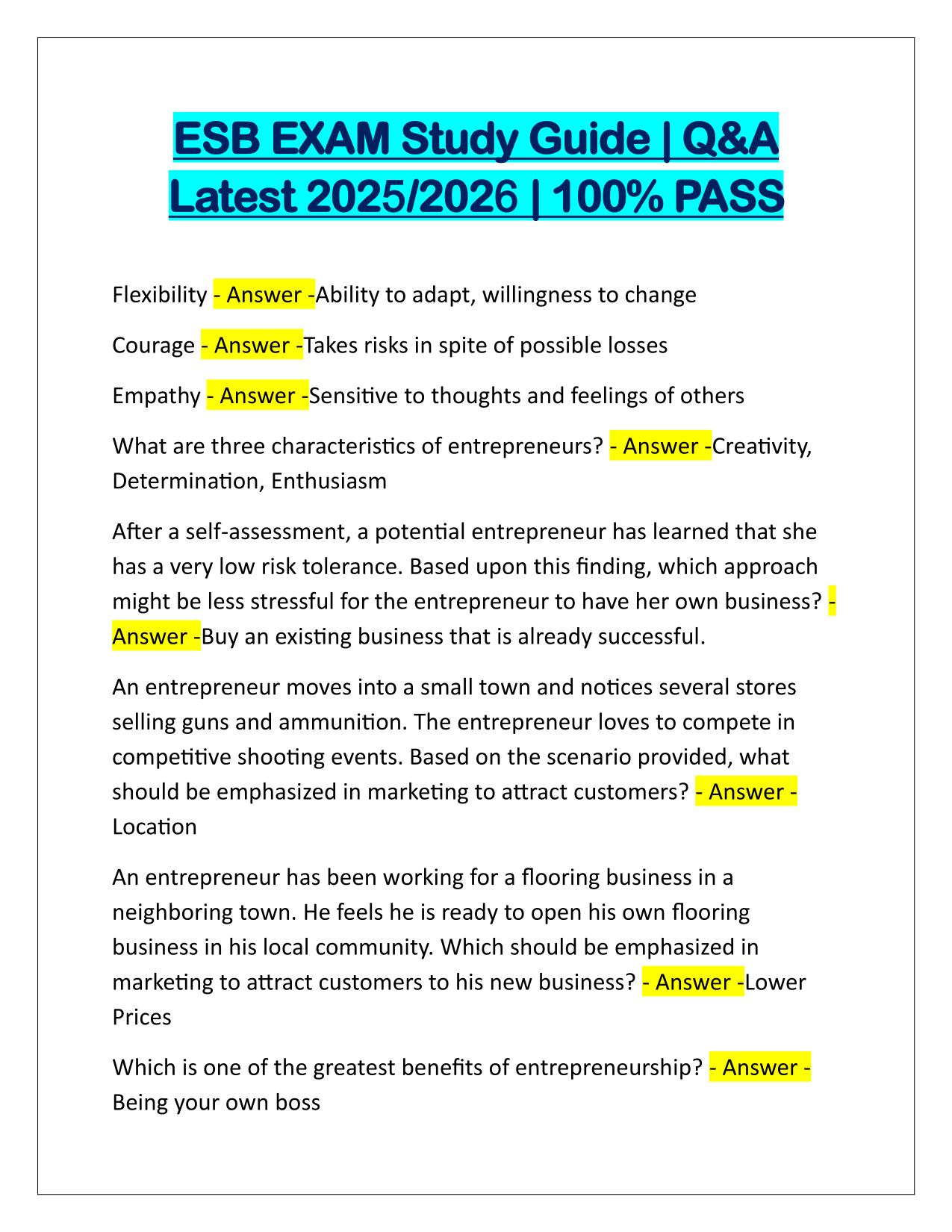 ESB EXAM STUDY GUIDE Q&A Latest Update