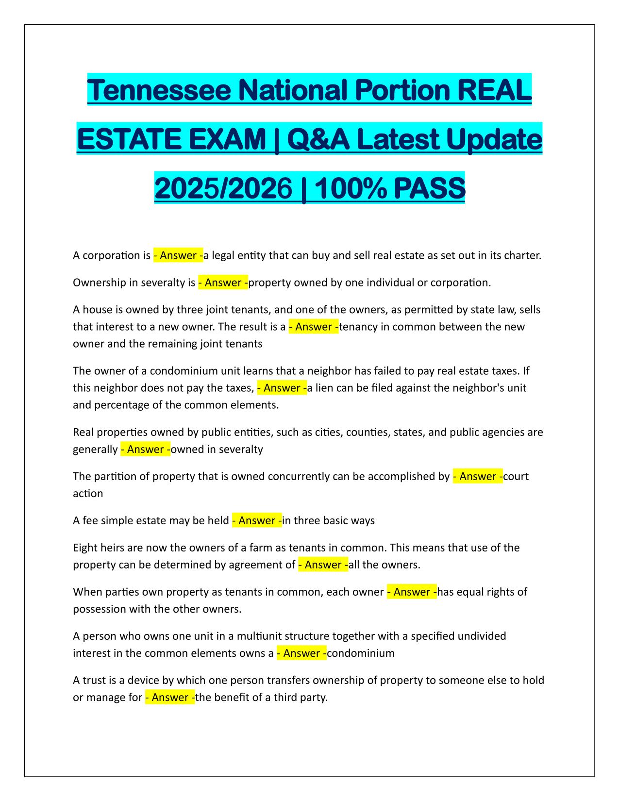 Tennessee National Portion REAL ESTATE EXAM Correctly Answered