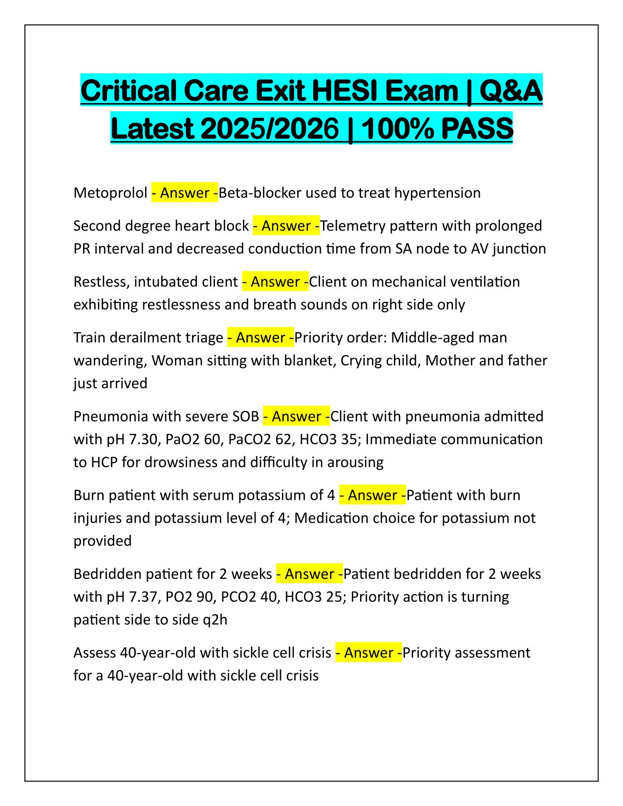 Critical Care Exit HESI Exam Correctly Answered Latest