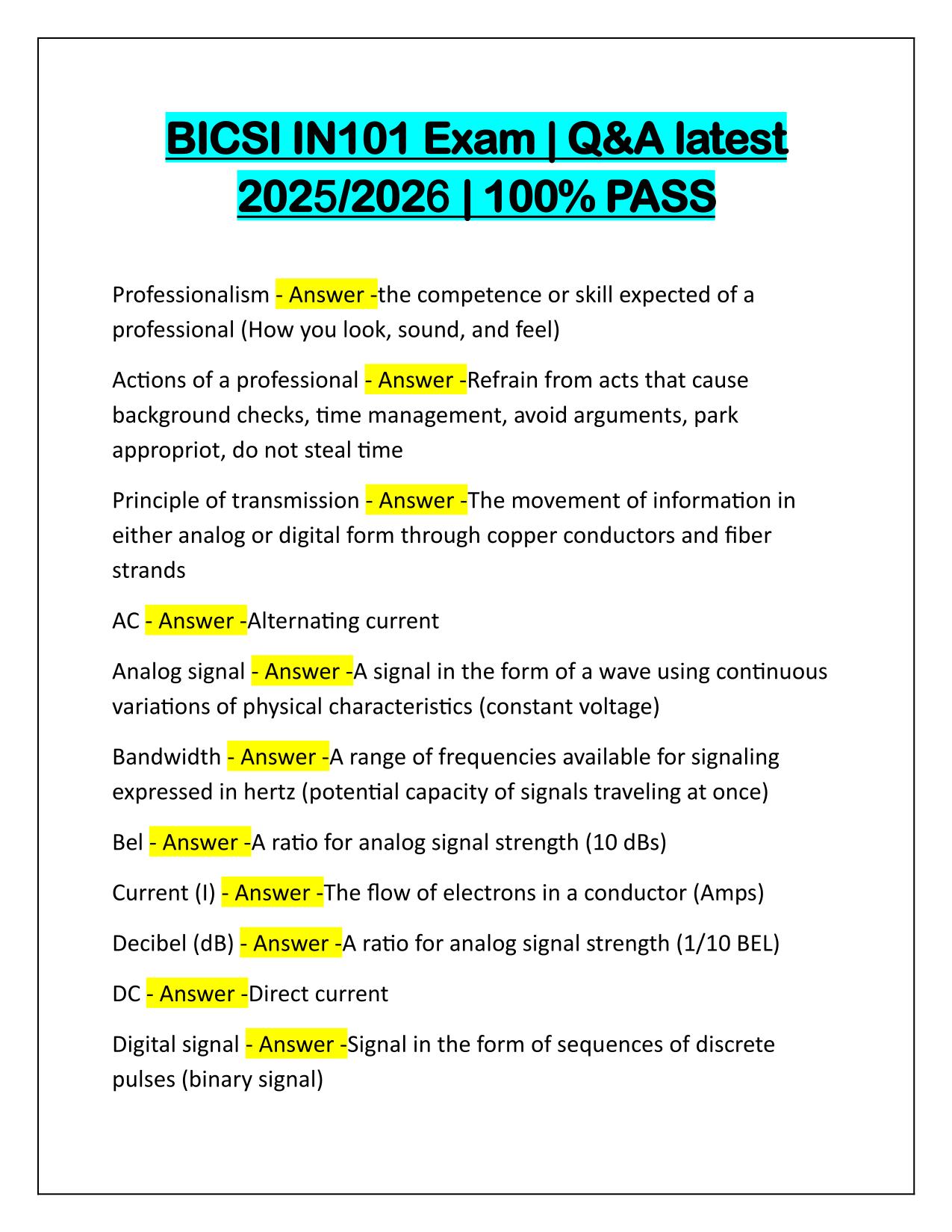 BICSI IN101 Exam Questions and Answers Latest Update