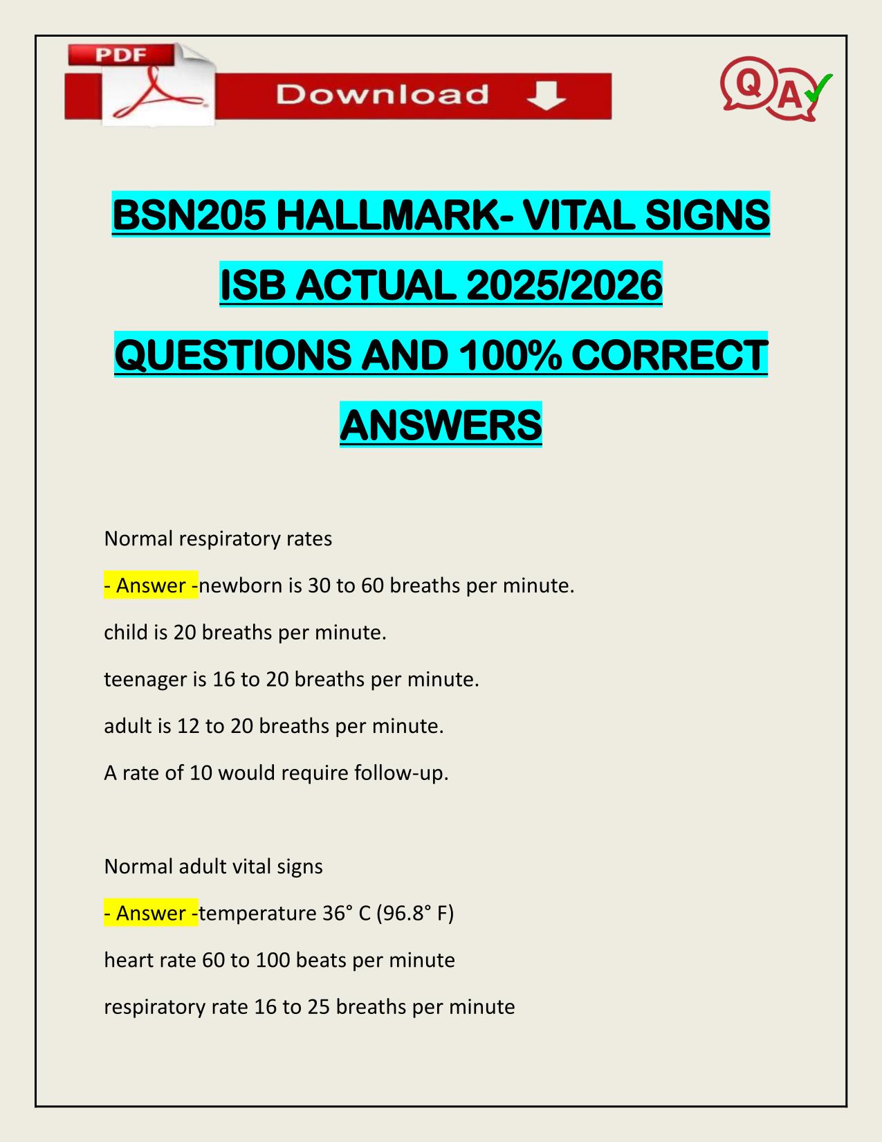 BSN205 HALLMARK- VITAL SIGNS ISB ACTUAL 2025/2026 QUESTIONS AND 100% CORRECT ANSWERS