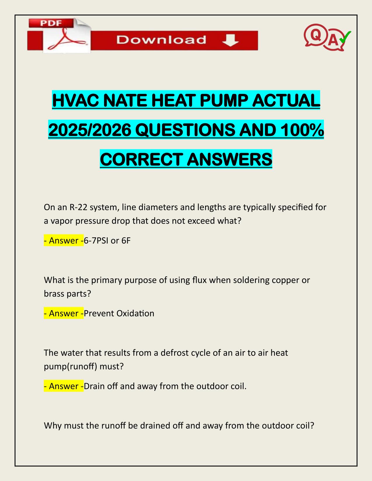HVAC NATE HEAT PUMP ACTUAL 2025/2026 CORRECTLY ANSWERED