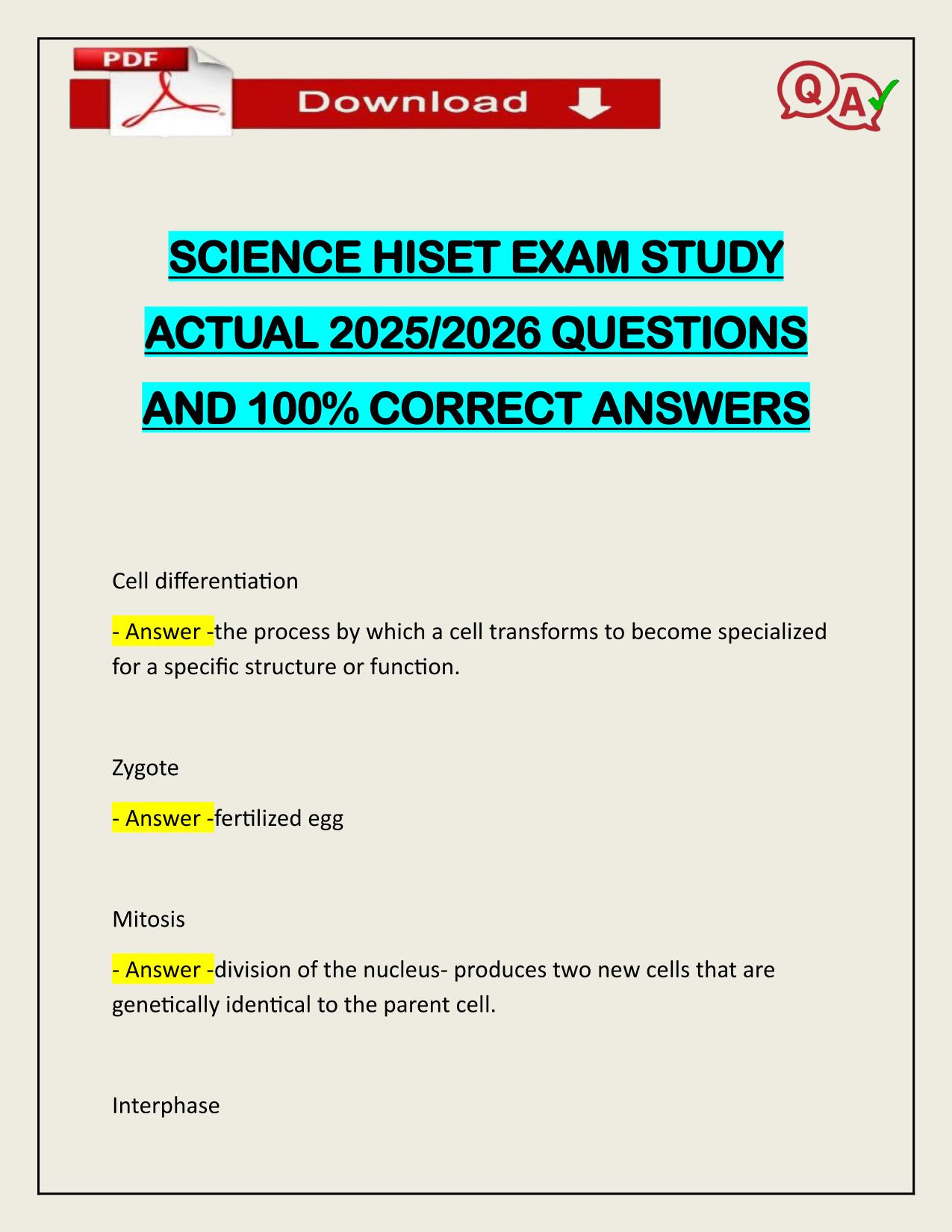 SCIENCE HISET EXAM STUDY ACTUAL 2025/2026 CORRECTLY ANSWERED
