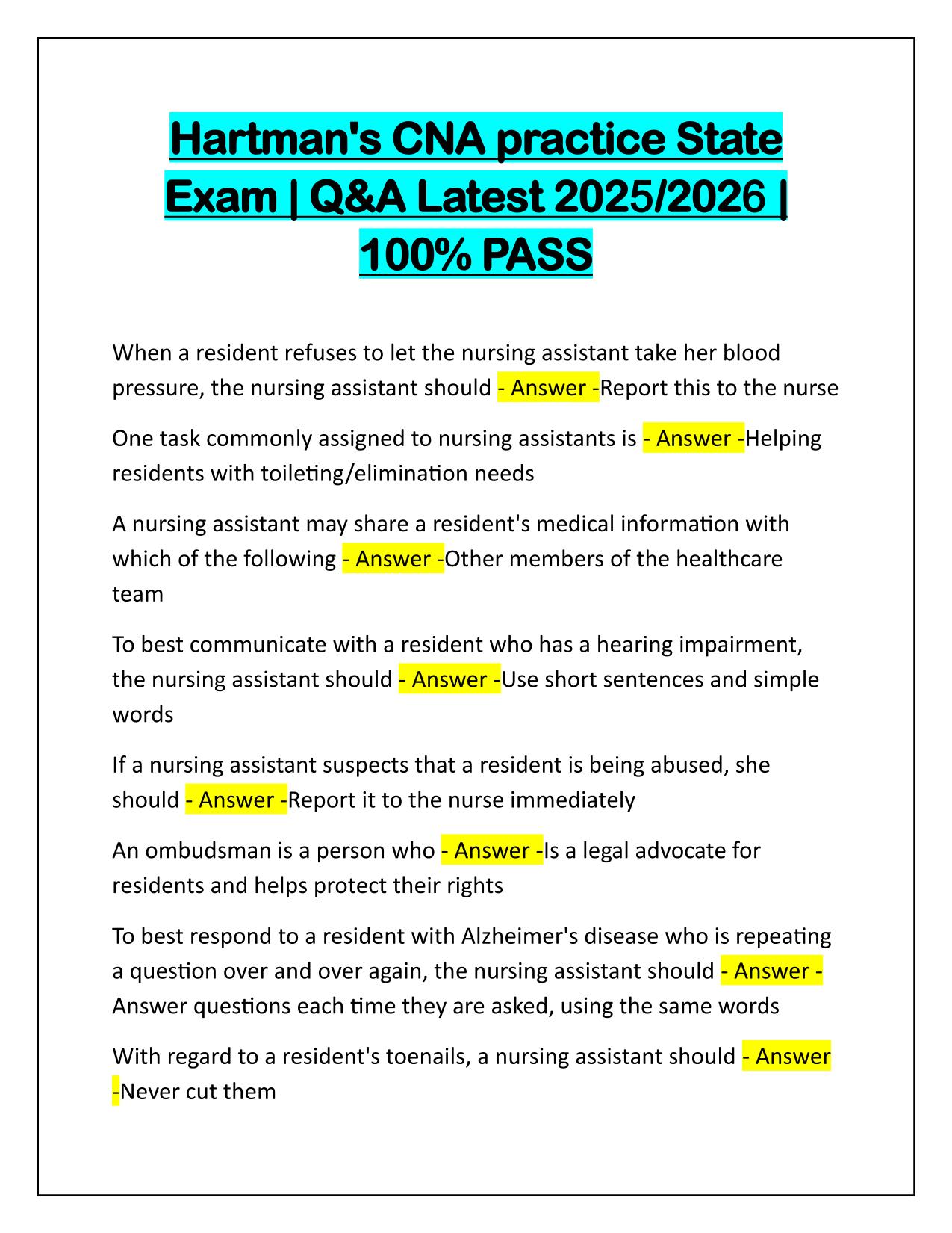 Hartman's CNA practice State Exam Q&A Latest Update