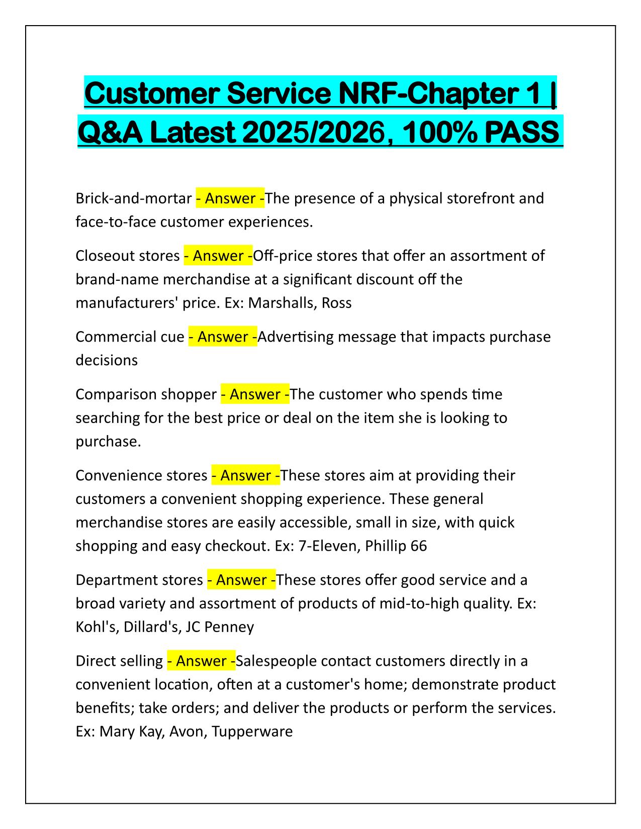 Customer Service NRF Chapter 1 Q&A Latest Update 2025