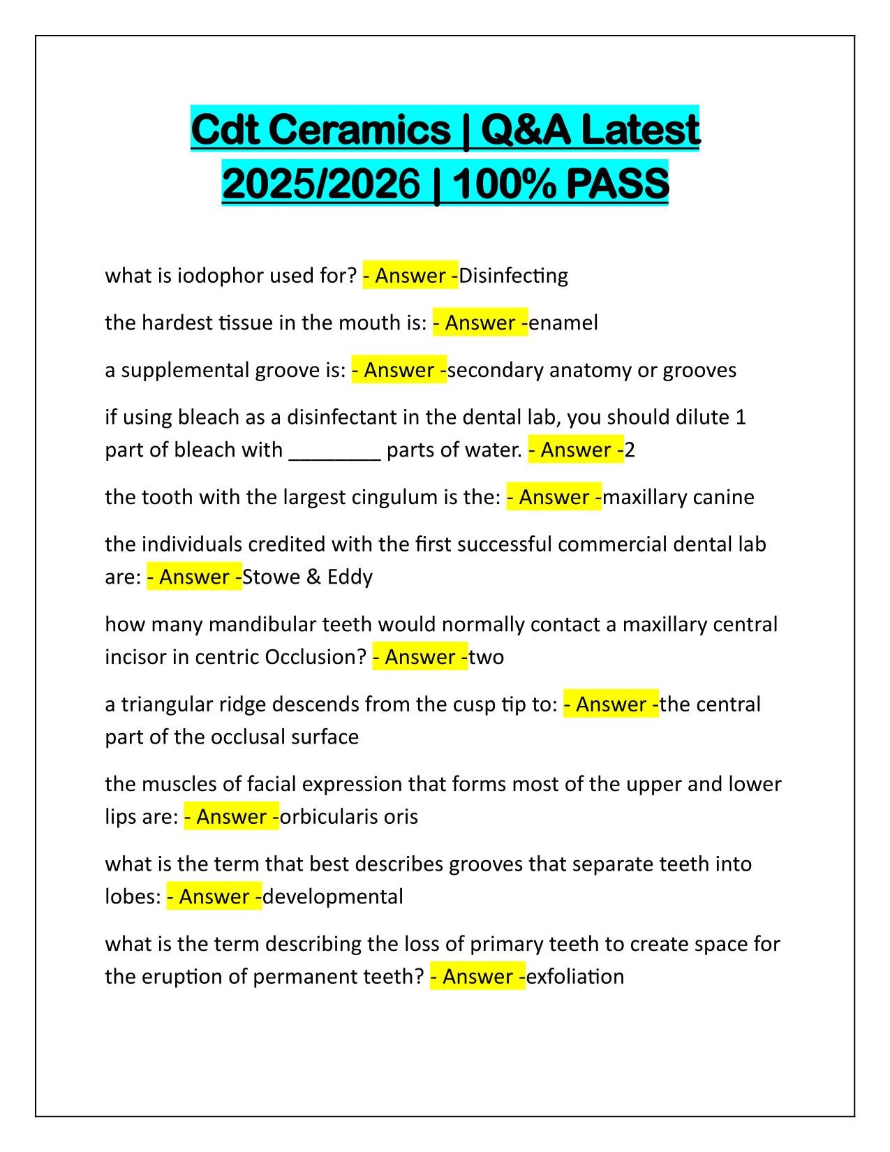 Cdt Ceramics Correctly Answered Latest Update