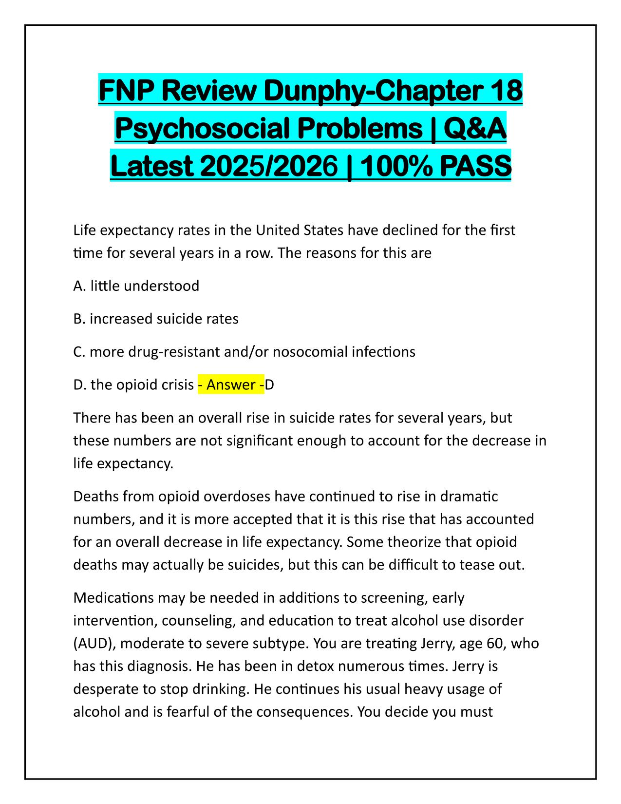 FNP Review Dunphy-Chapter 18 Psychosocial Problems  Q&A Latest Update 2025