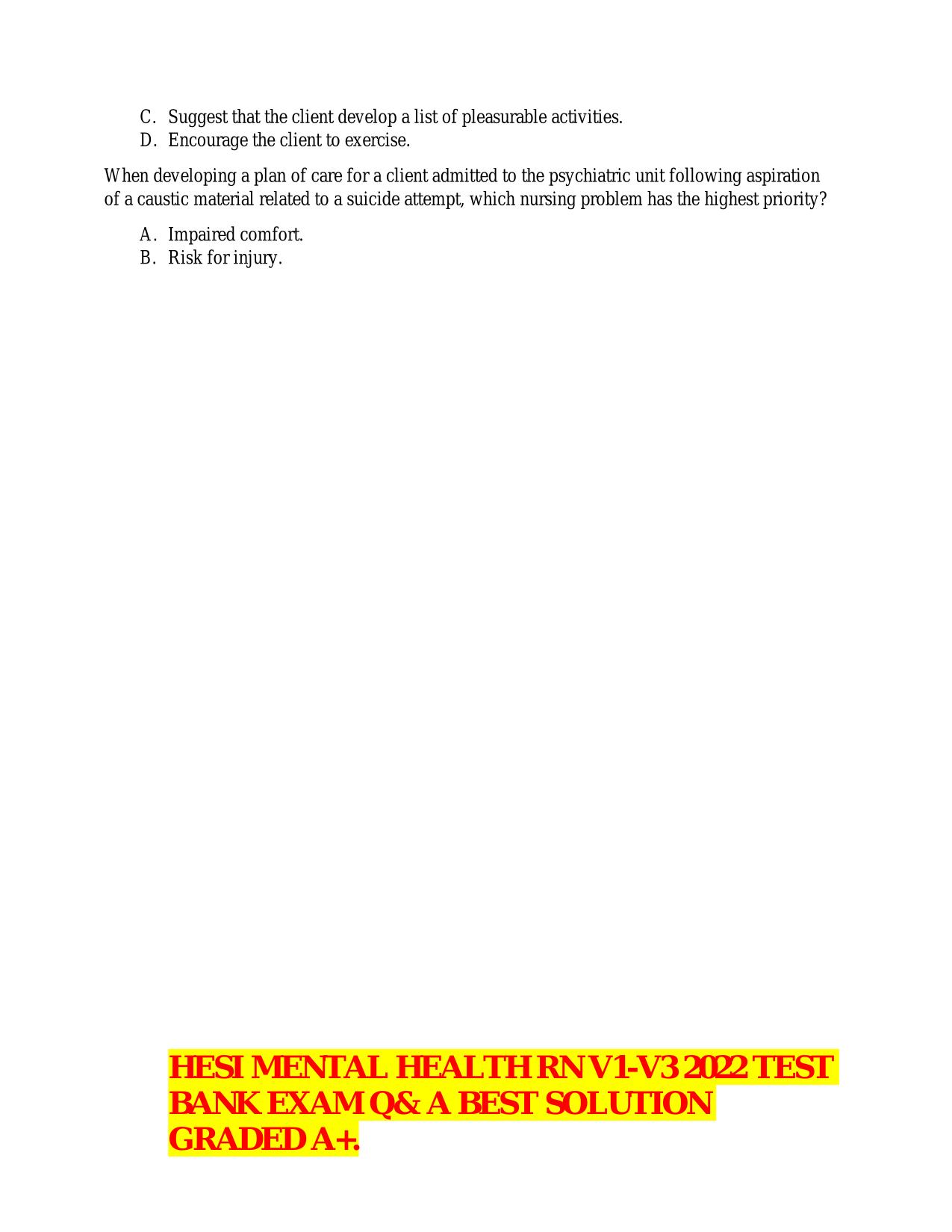 2025/2026 [NGN] HESI MENTAL HEALTH RN V1-V3 TEST BANK EXAM