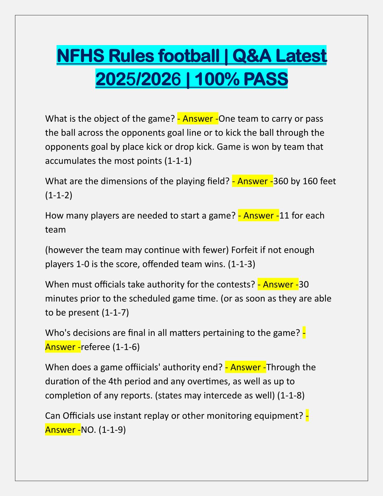 NFHS Rules football TEST Q&A Latest Update