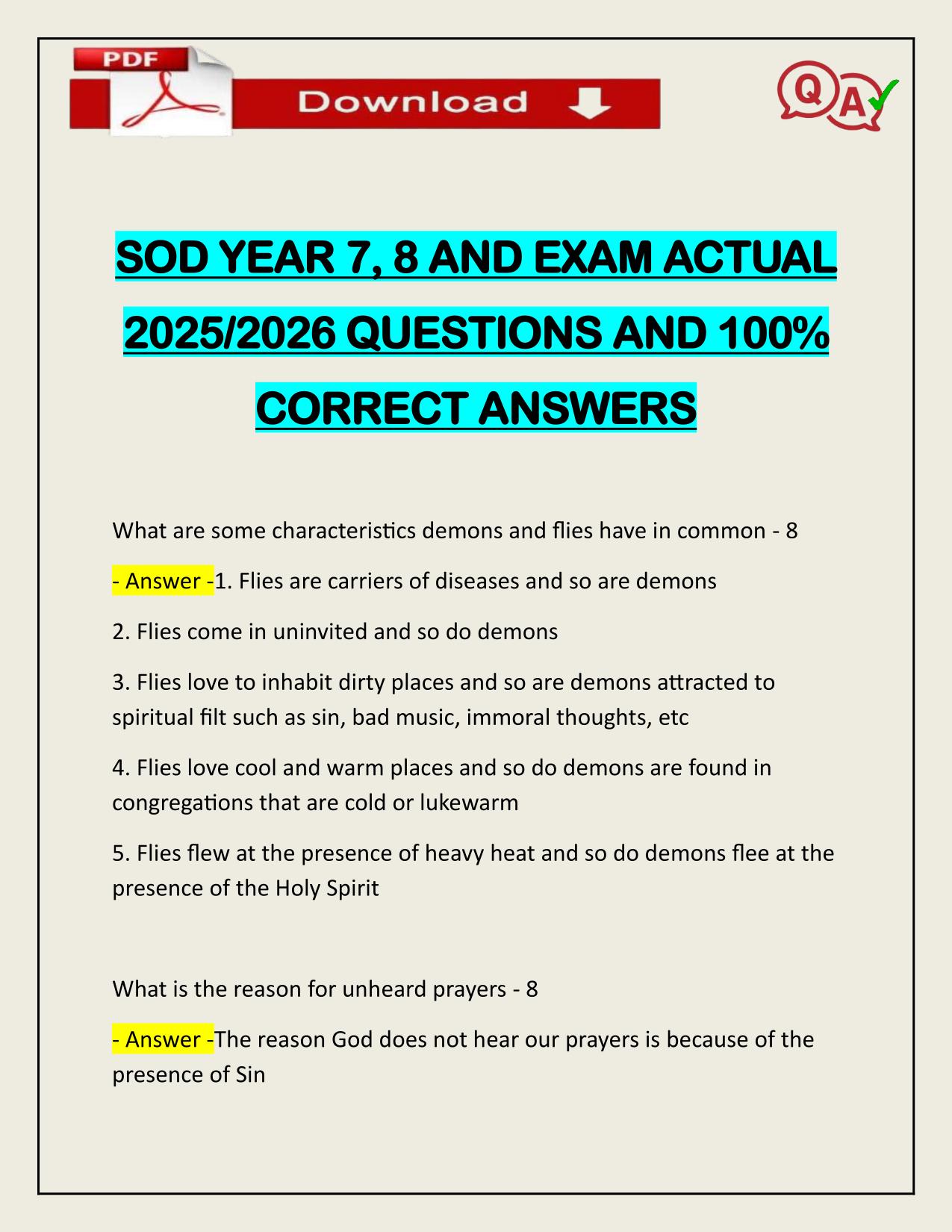 SOD YEAR 7, 8 AND EXAM ACTUAL 2025/2026 QUESTIONS AND 100% CORRECT ANSWERS
