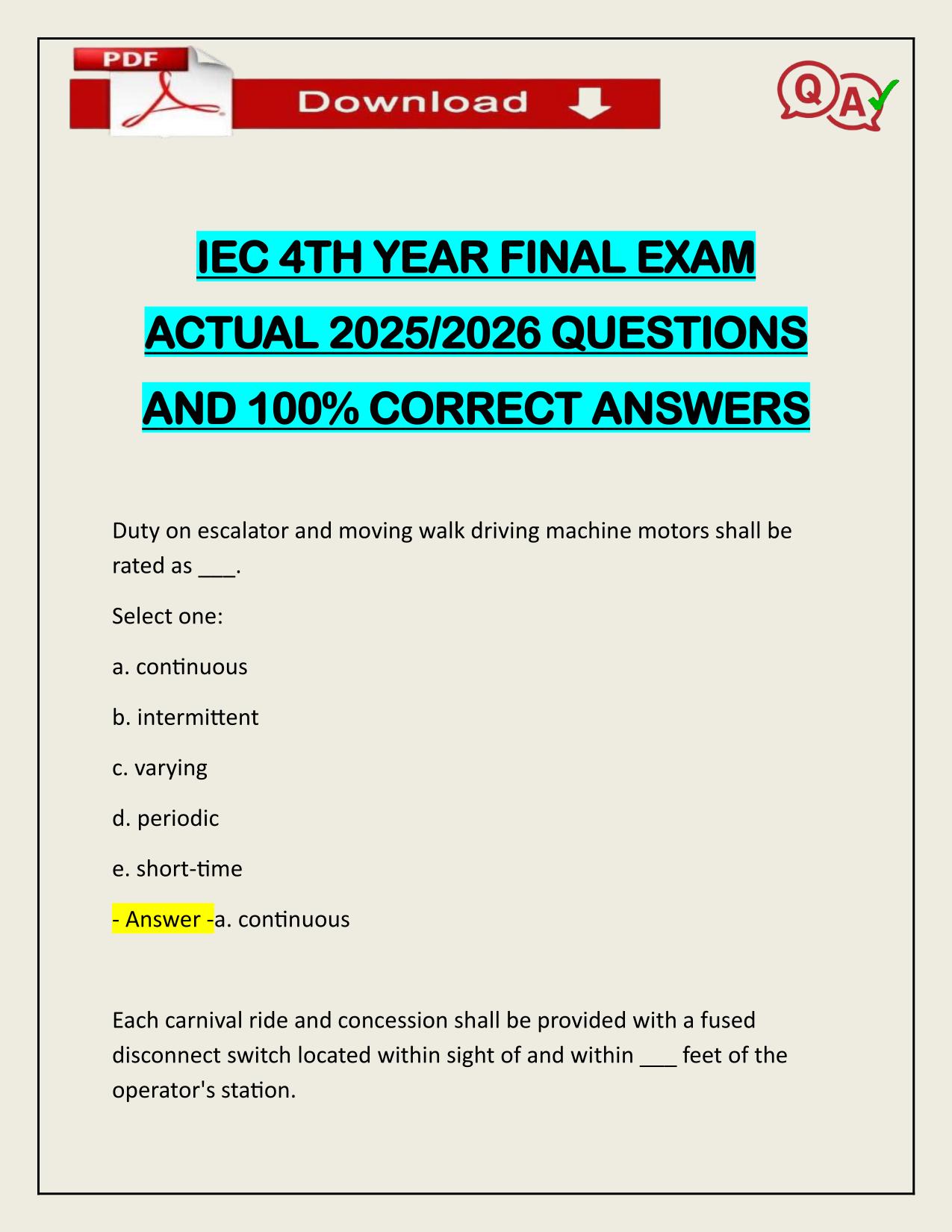 IEC 4TH YEAR FINAL EXAM ACTUAL 2025/2026 CORRECTLY ANSWERED