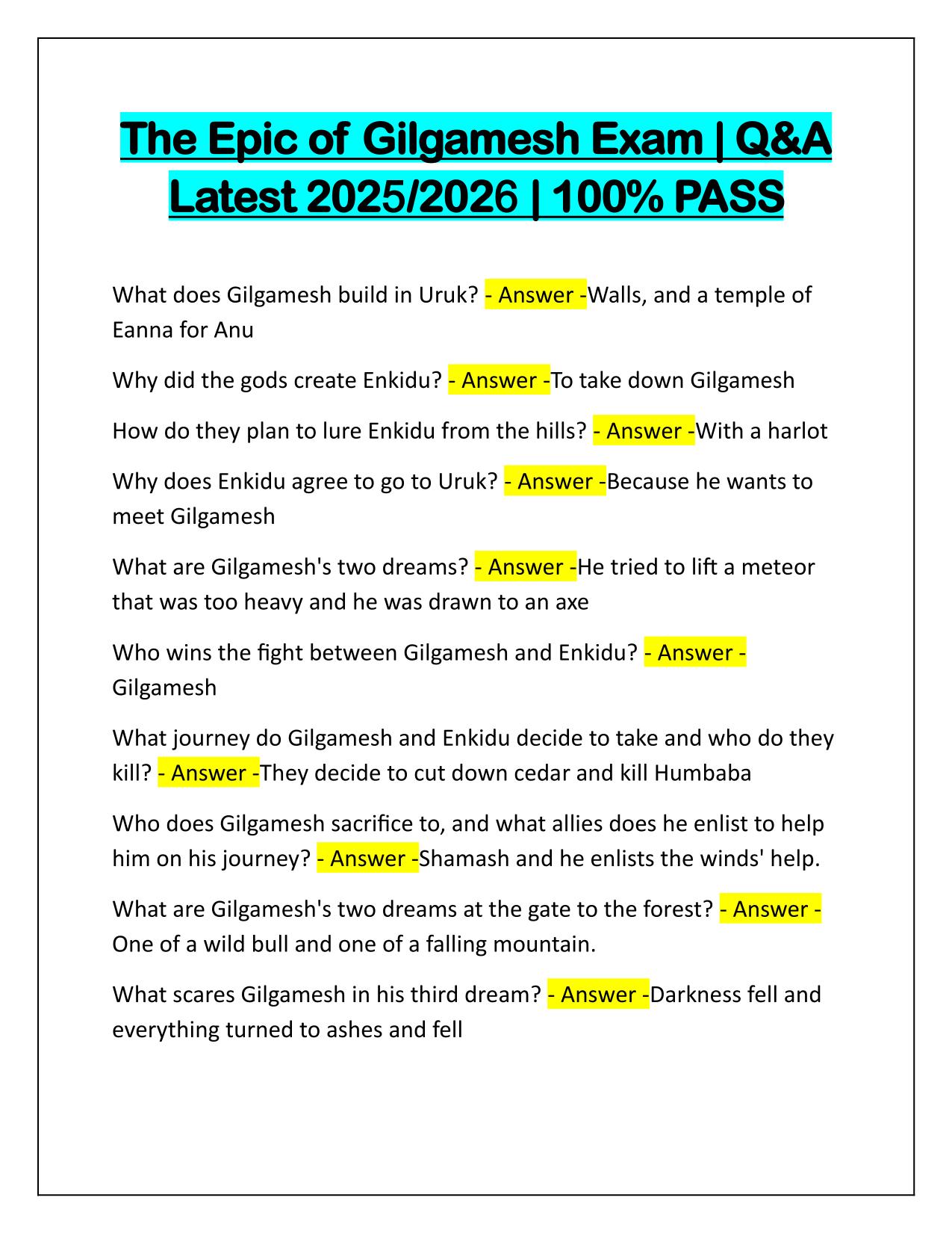 The Epic of Gilgamesh Exam Correctly Answered Latest Update