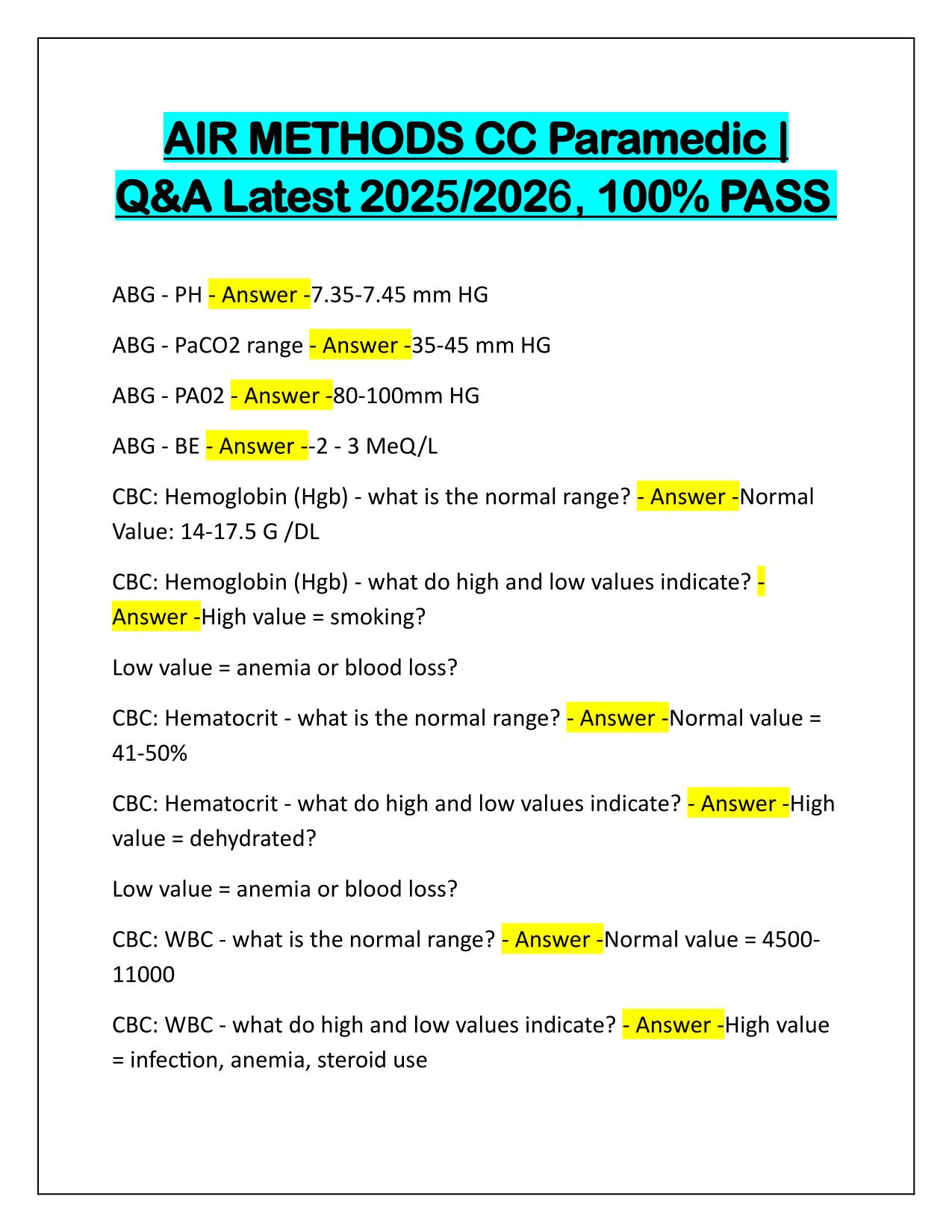AIR METHODS CC Paramedic Correctly Answered Latest