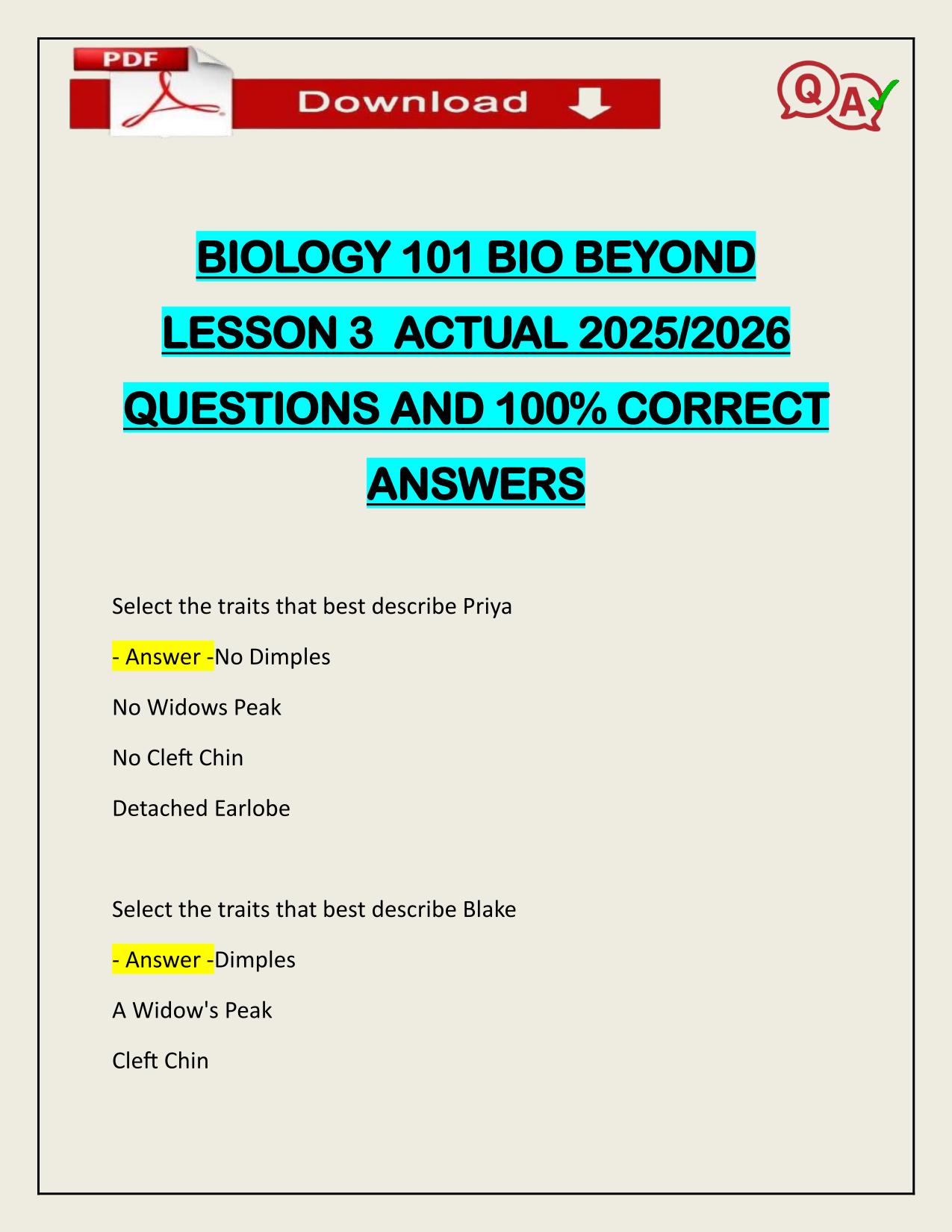BIOLOGY 101 BIO BEYOND LESSON 3 ACTUAL 2025/2026 WITH VERIFIED SOLUTIONS