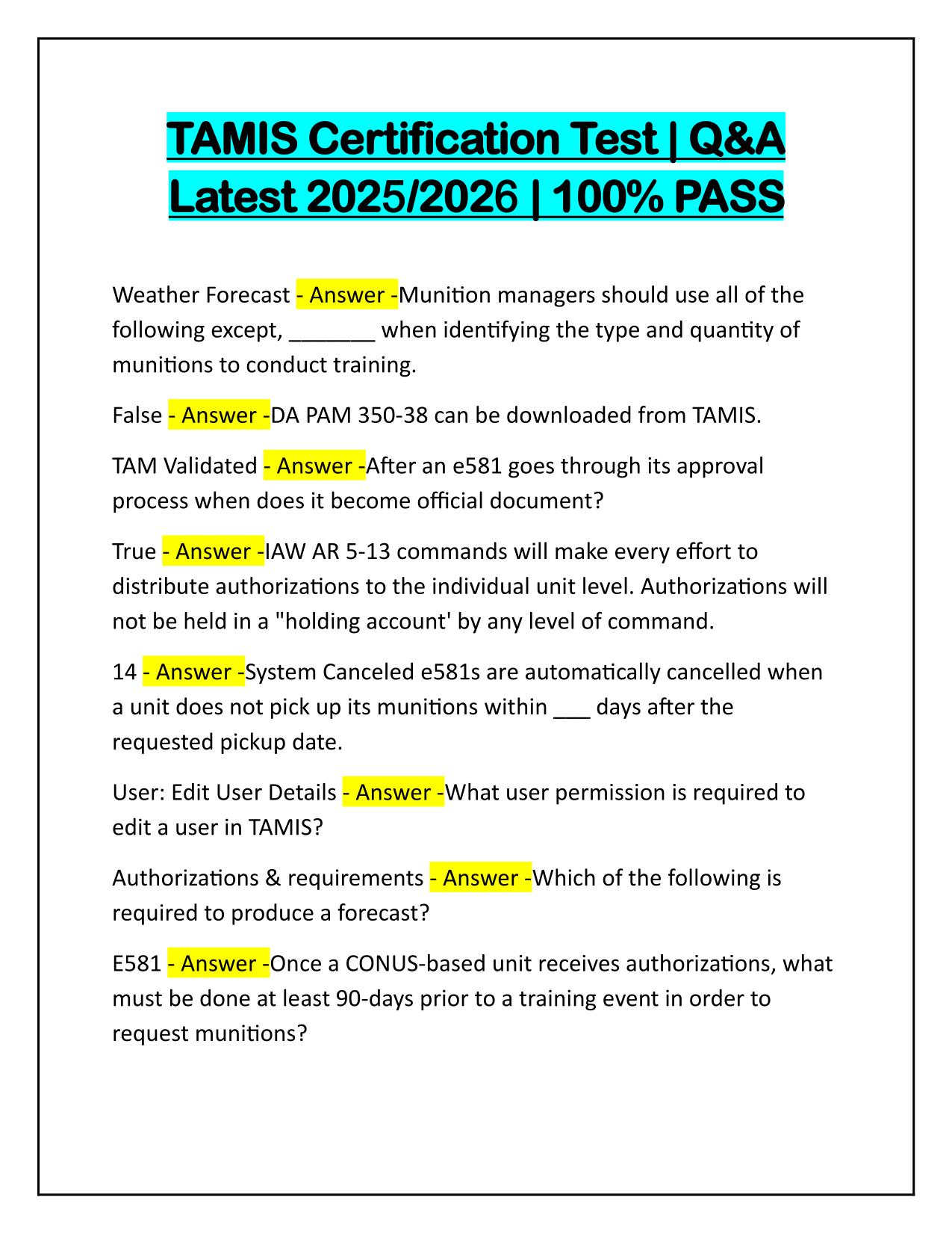 TAMIS Certification Test Questions and Correct Answers Latest