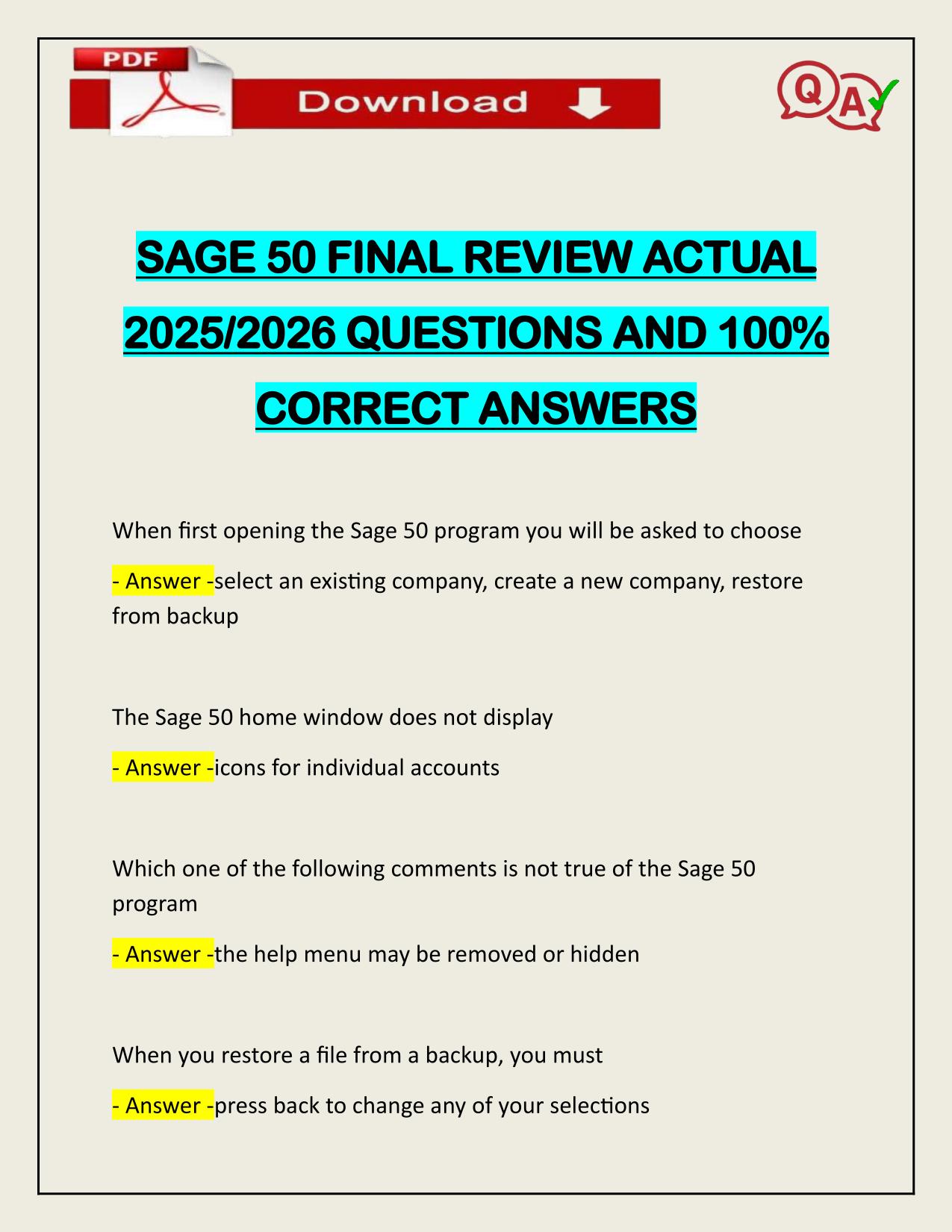 SAGE 50 FINAL REVIEW ACTUAL 2025/2026 Q&A