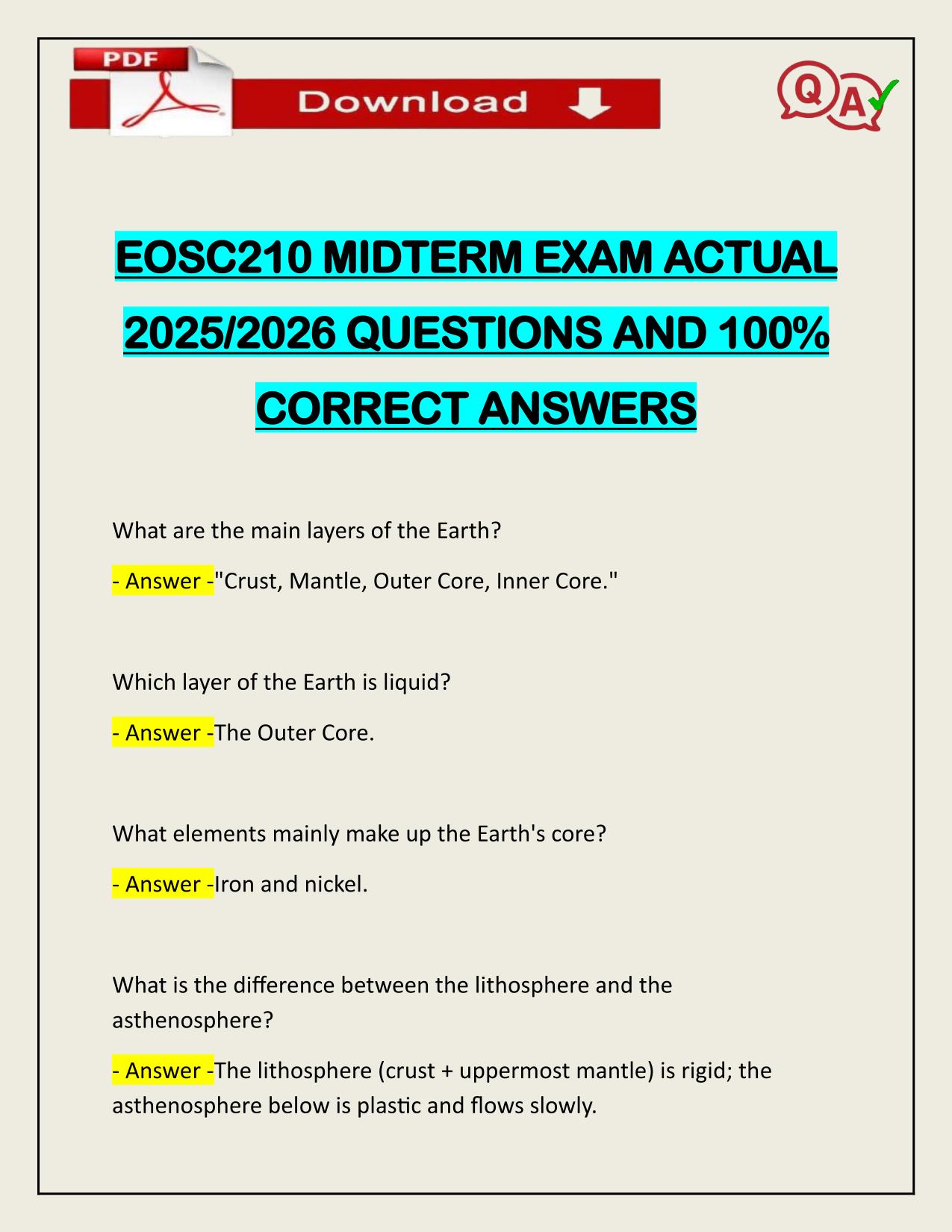 EOSC210 MIDTERM EXAM ACTUAL 2025/2026 WITH VERIFIED ANSWERS