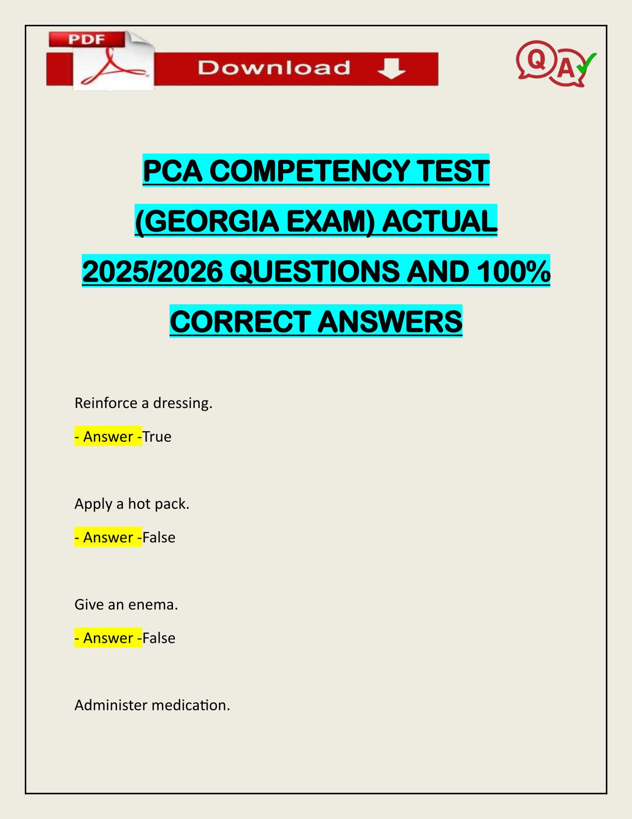 PCA COMPETENCY TEST (GEORGIA EXAM) ACTUAL 2025/2026 CORRECTLY ANSWERED