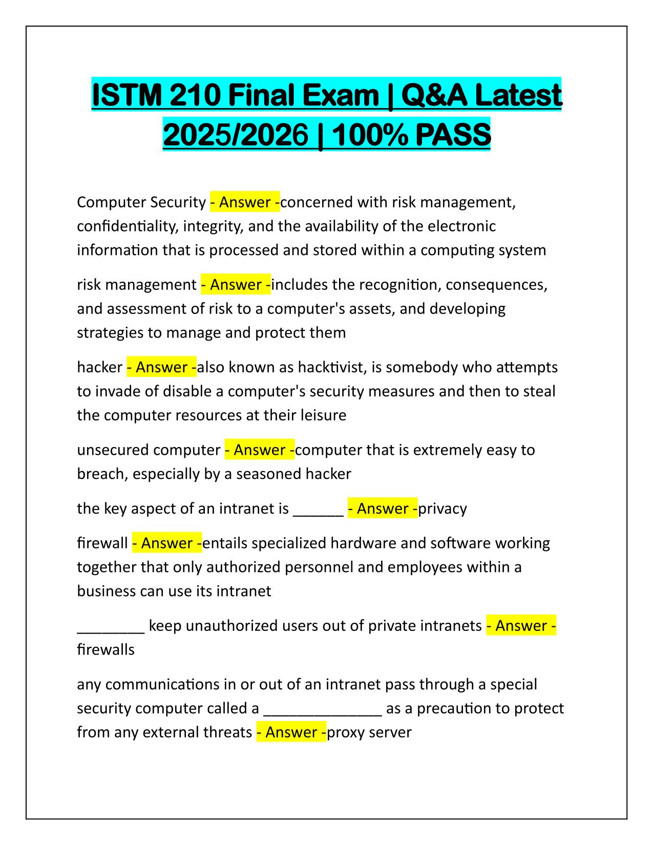 ISTM 210 Final Exam Correctly Answered Latest Update