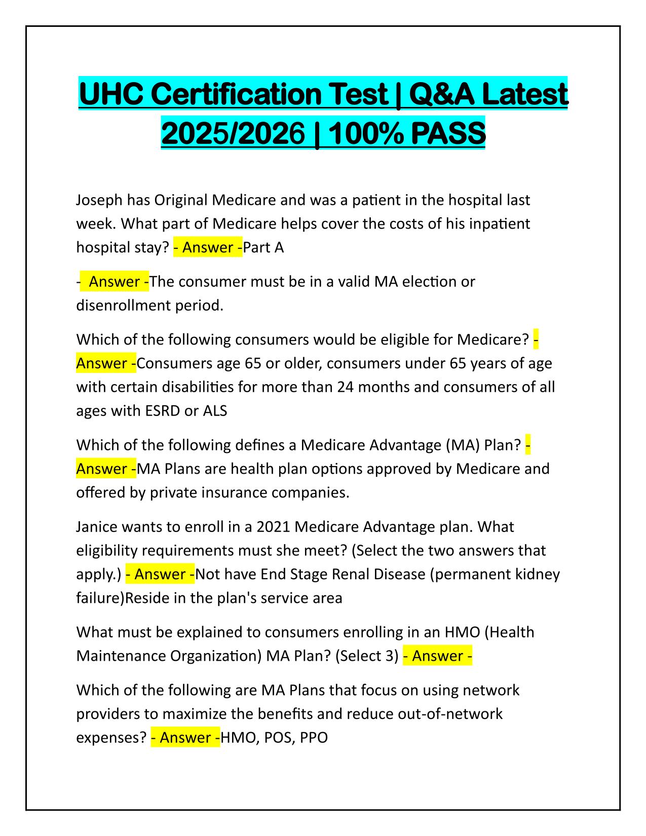UHC Certification Test Q&A Latest Update 100% PASS