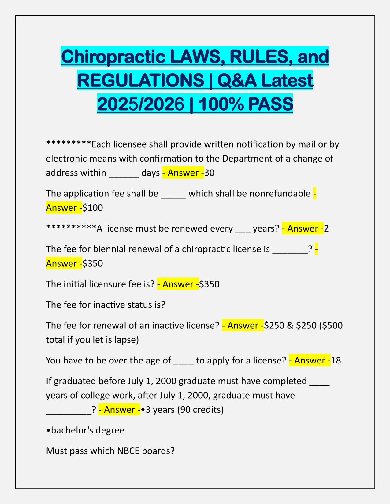 Chiropractic LAWS, RULES, and REGULATIONS Exam Q&A Latest Update