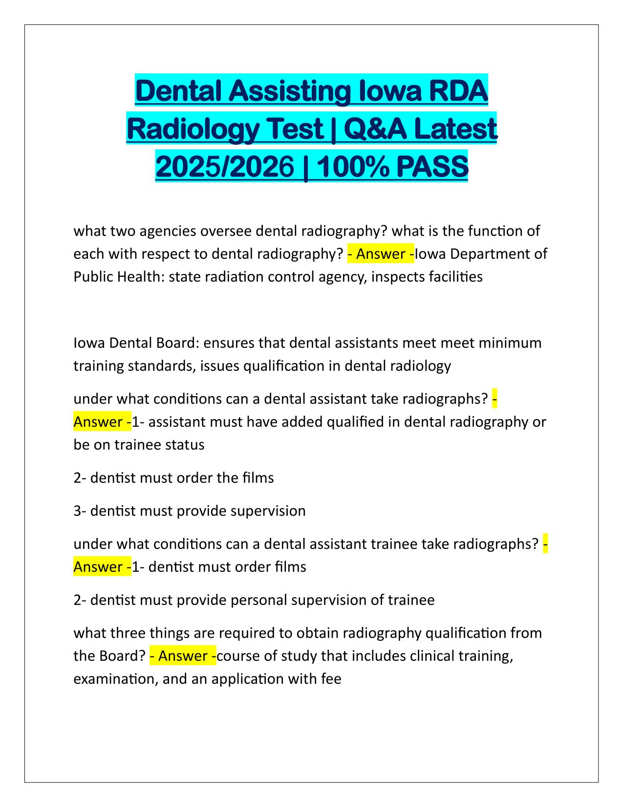 Bundle for Dental RDA, Dental Assisting EXAMS Q&A Latest Update 2025-2026