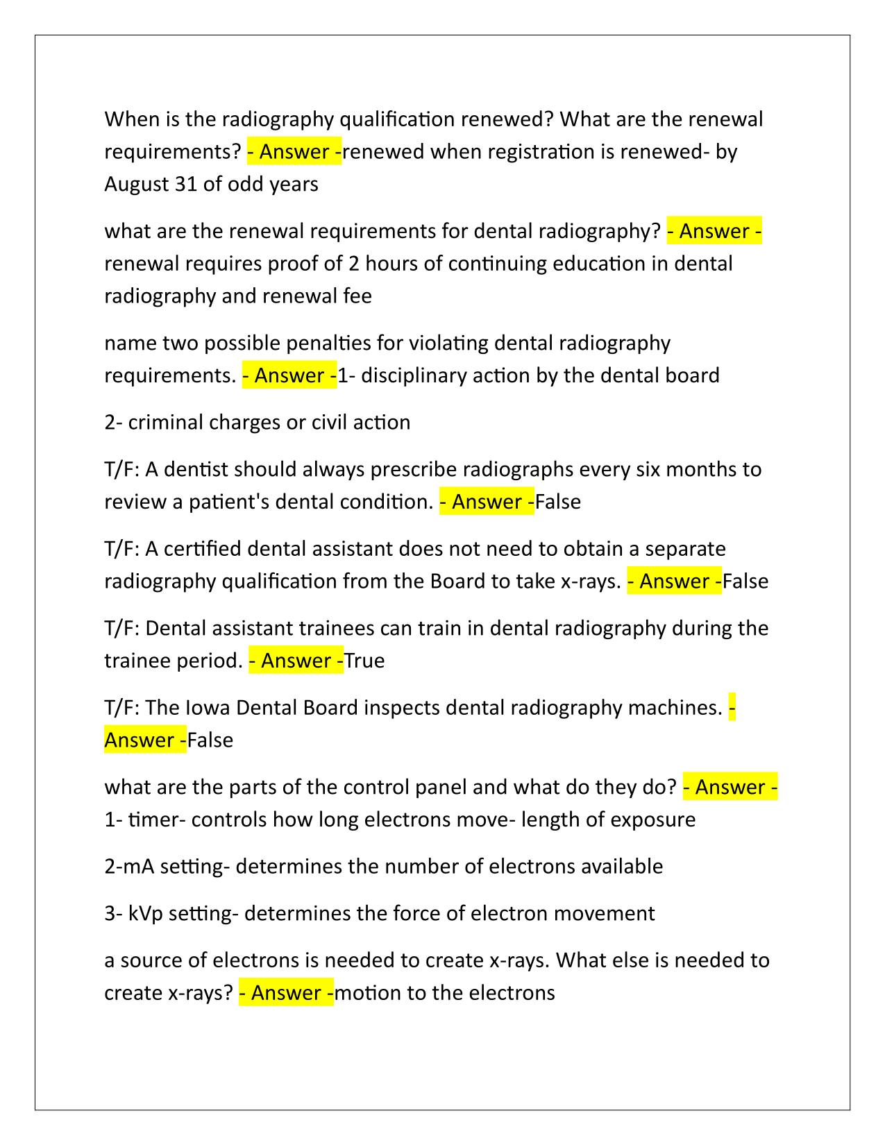 Dental Assisting Iowa RDA Radiology Test Q&A Latest Update