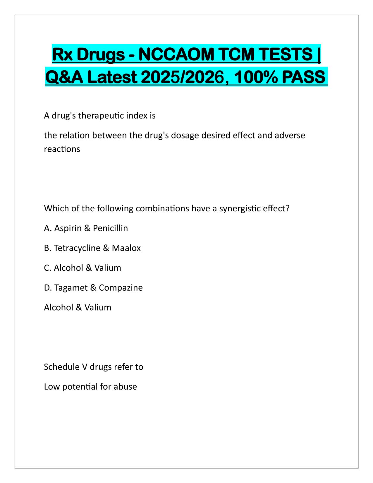 Rx Drugs-NCCAOM TCM TESTS Q&A Latest Update