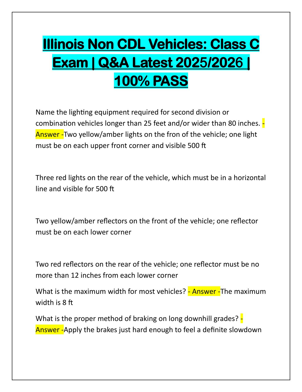 Illinois Non CDL Vehicles Class C Exam Q&A Latest Update 2025-2026