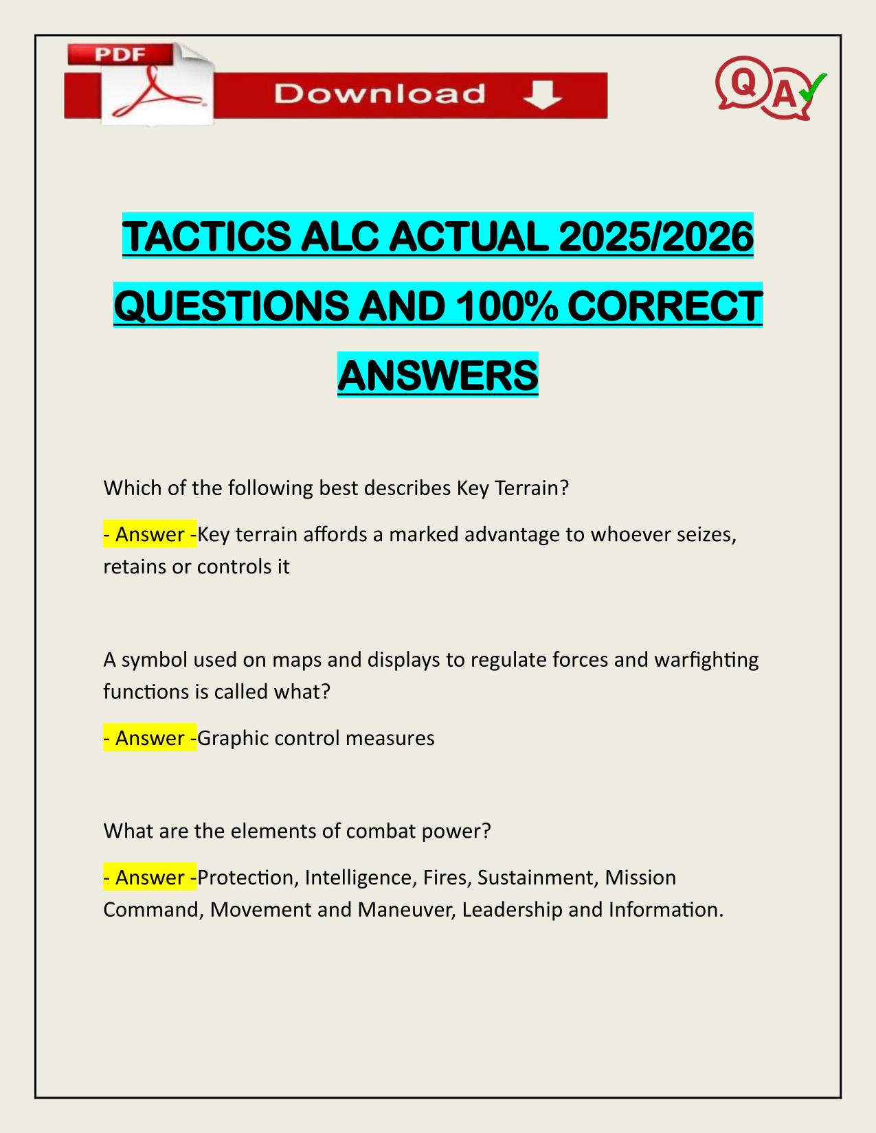 TACTICS ALC ACTUAL 2025/2026 QUESTIONS AND 100% CORRECT ANSWERS